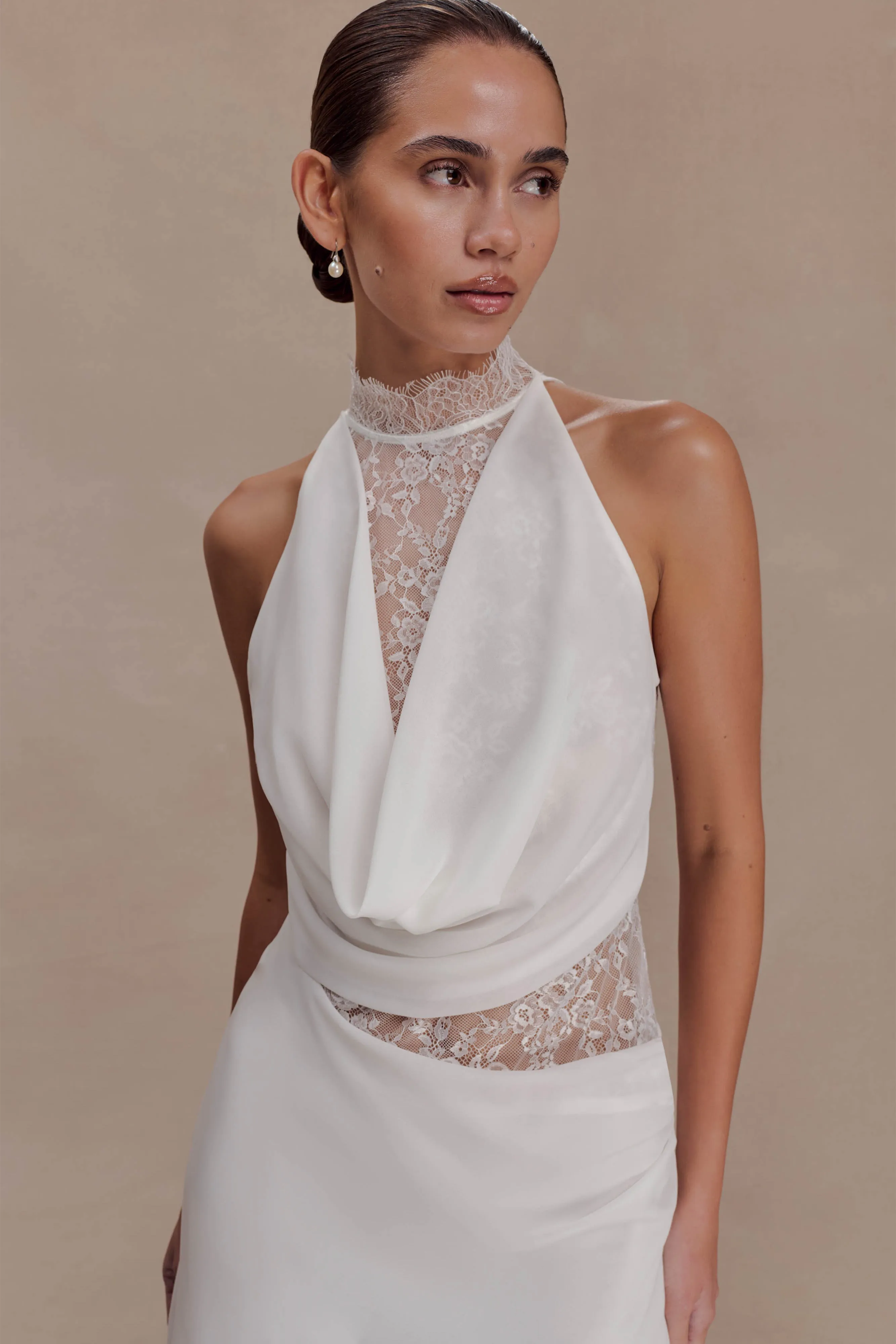 Arra Chiffon And Lace Halter Mini Dress - White sold by Meshki product image thumbnail 3