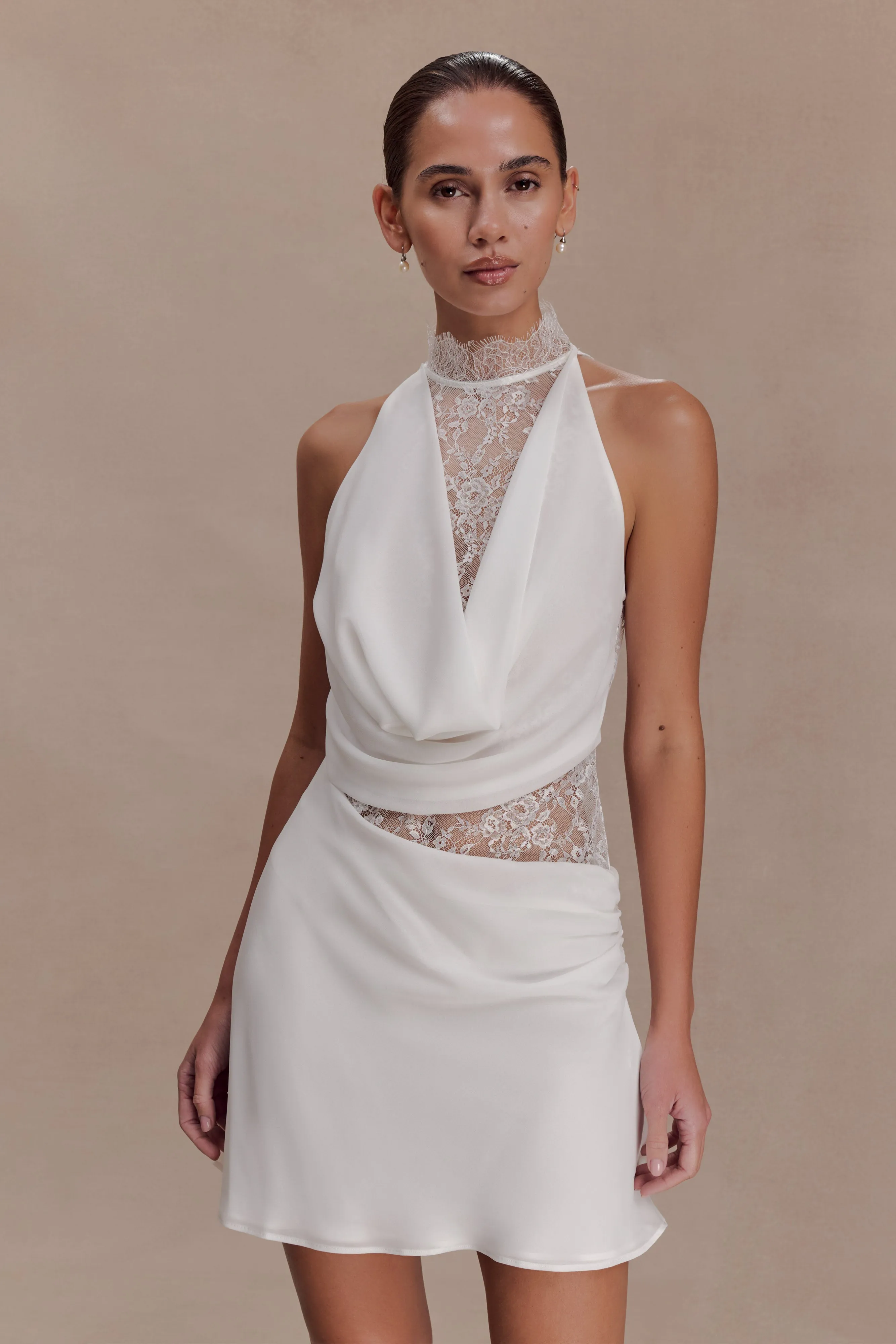 Arra Chiffon And Lace Halter Mini Dress - White sold by Meshki