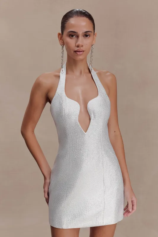 Raina Diamante Halter Mini Dress - White sold by Meshki