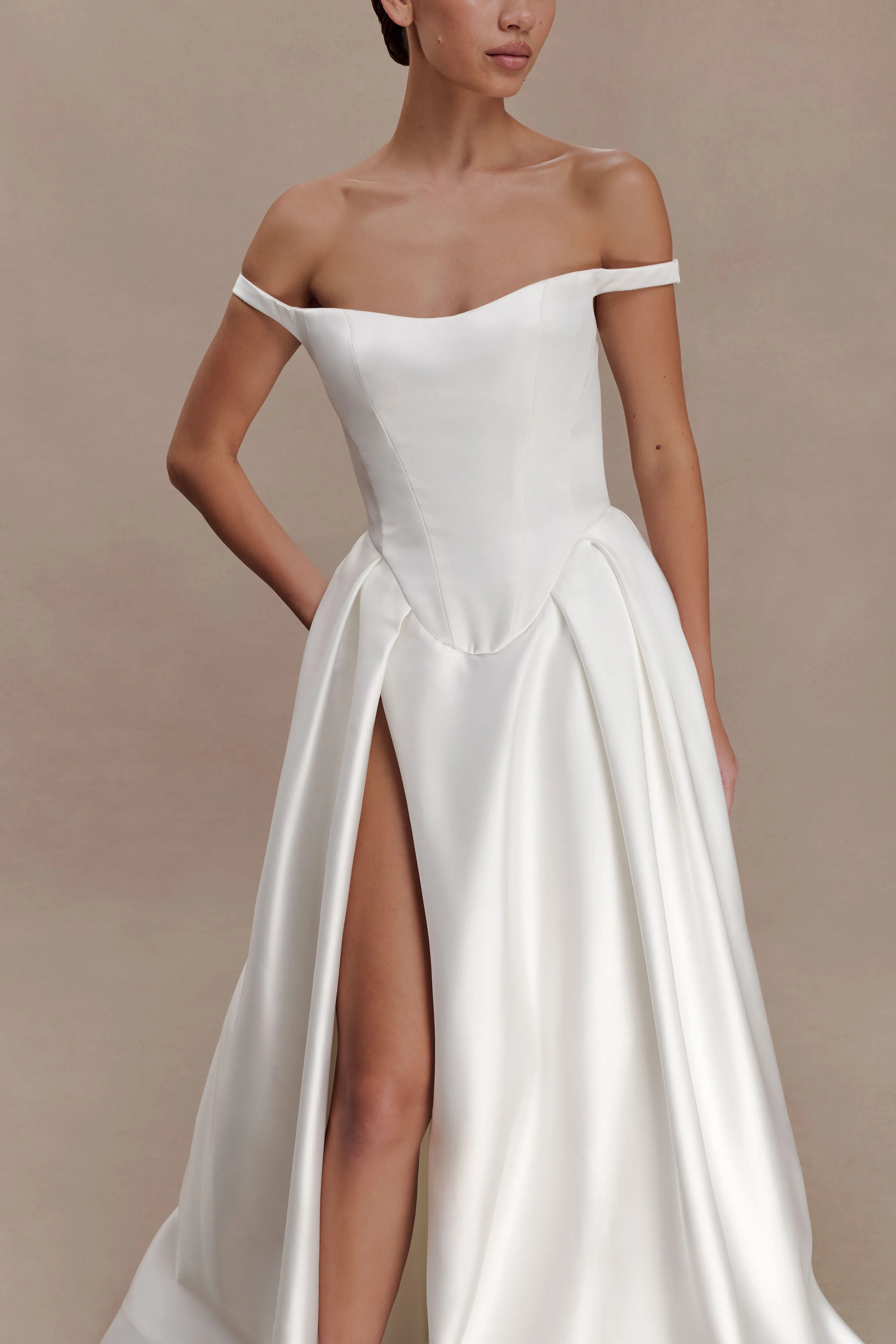 Willow Off Shoulder Satin Maxi Gown - White sold by Meshki product image thumbnail 5