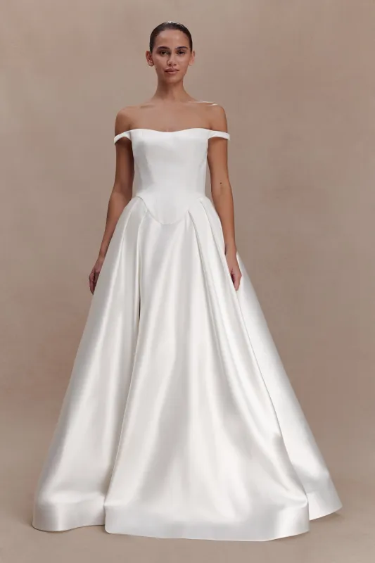 Willow Off Shoulder Satin Maxi Gown - White sold by Meshki