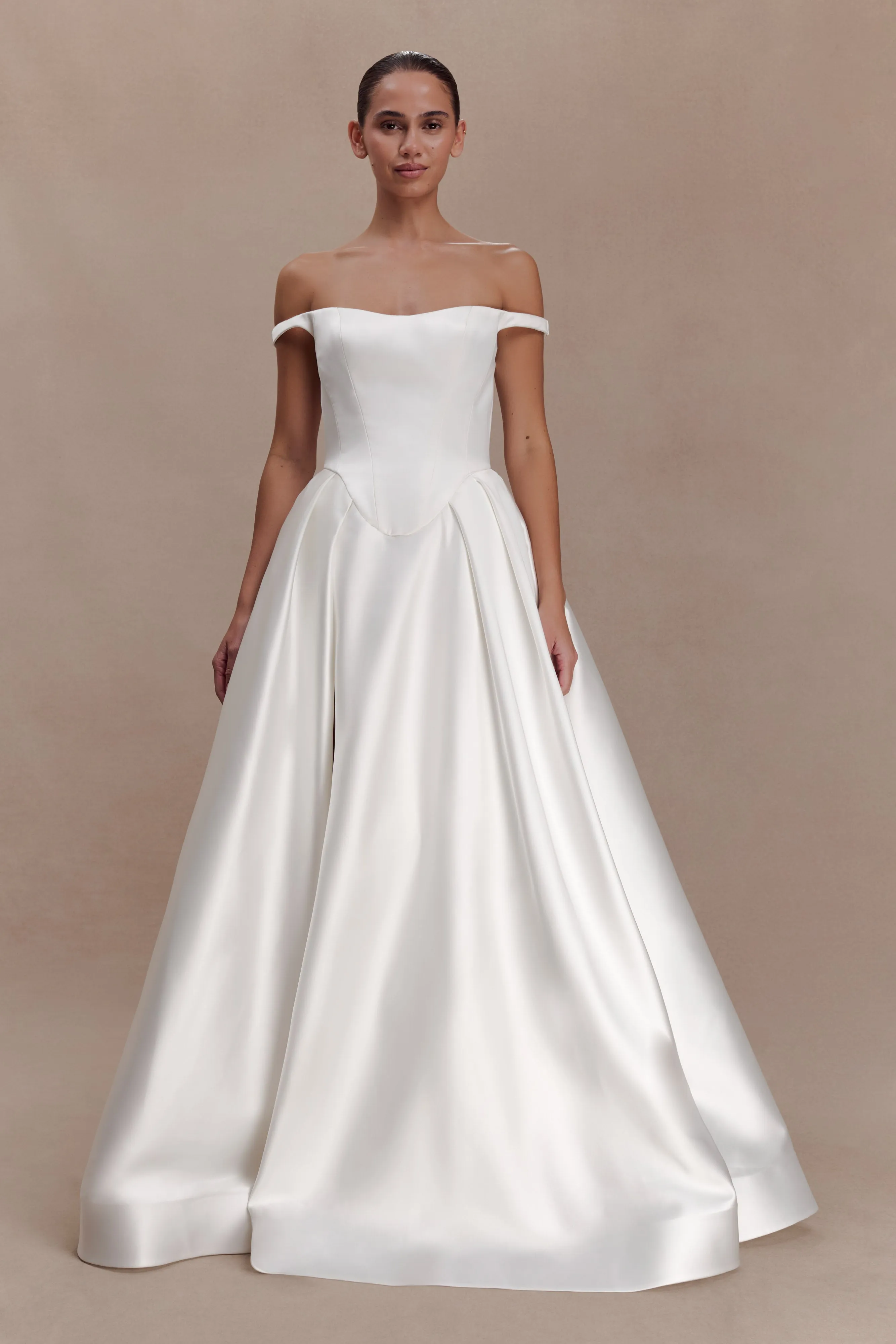 Willow Off Shoulder Satin Maxi Gown - White sold by Meshki