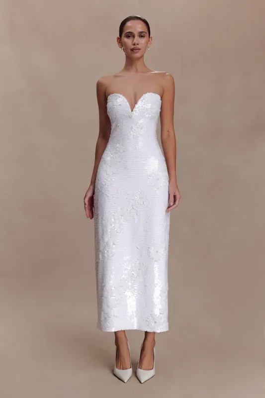Maisie Strapless Sequin Midi Dress - White sold by Meshki