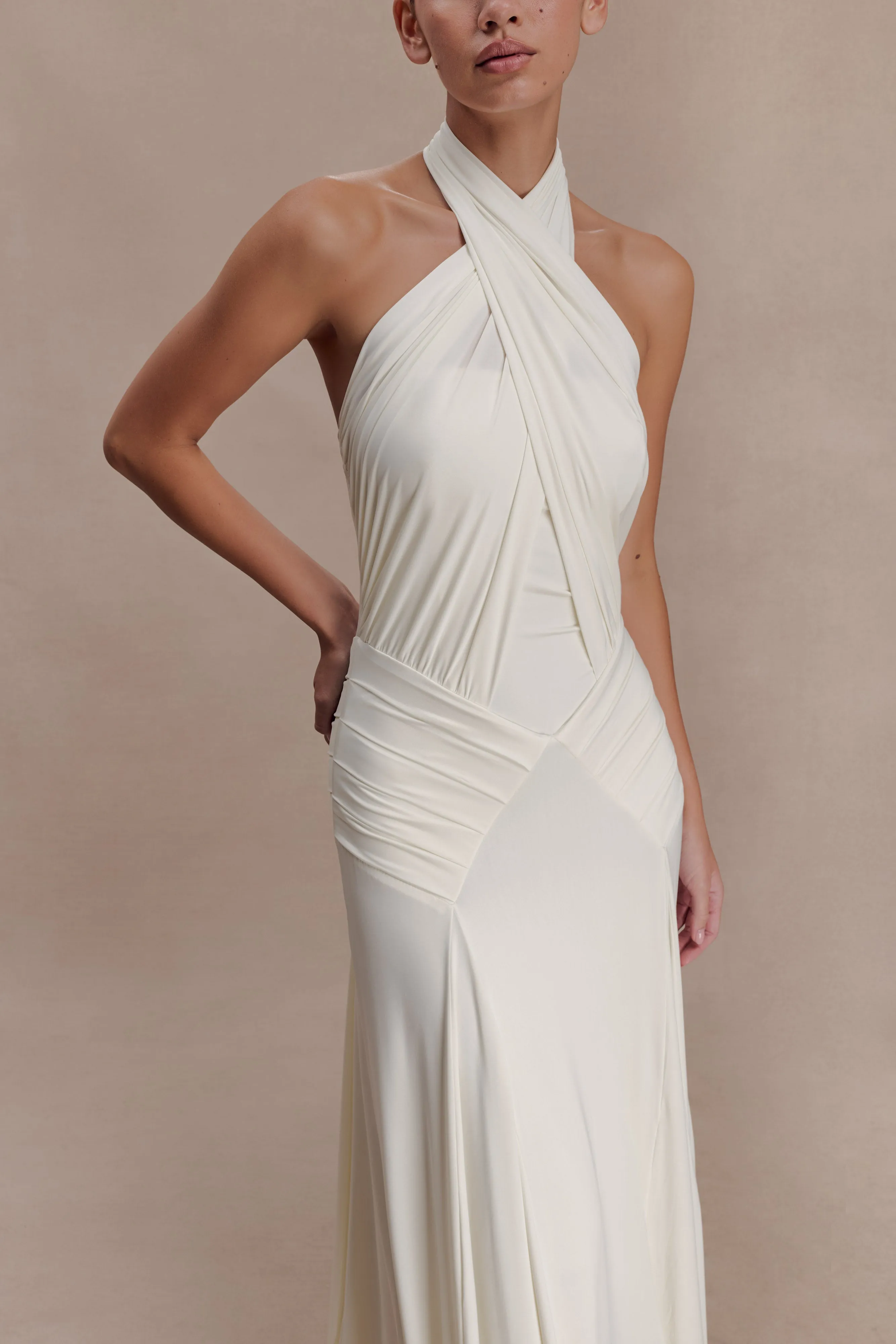 Indira Gathered Slinky Halter Maxi Dress - Ivory sold by Meshki product image thumbnail 3