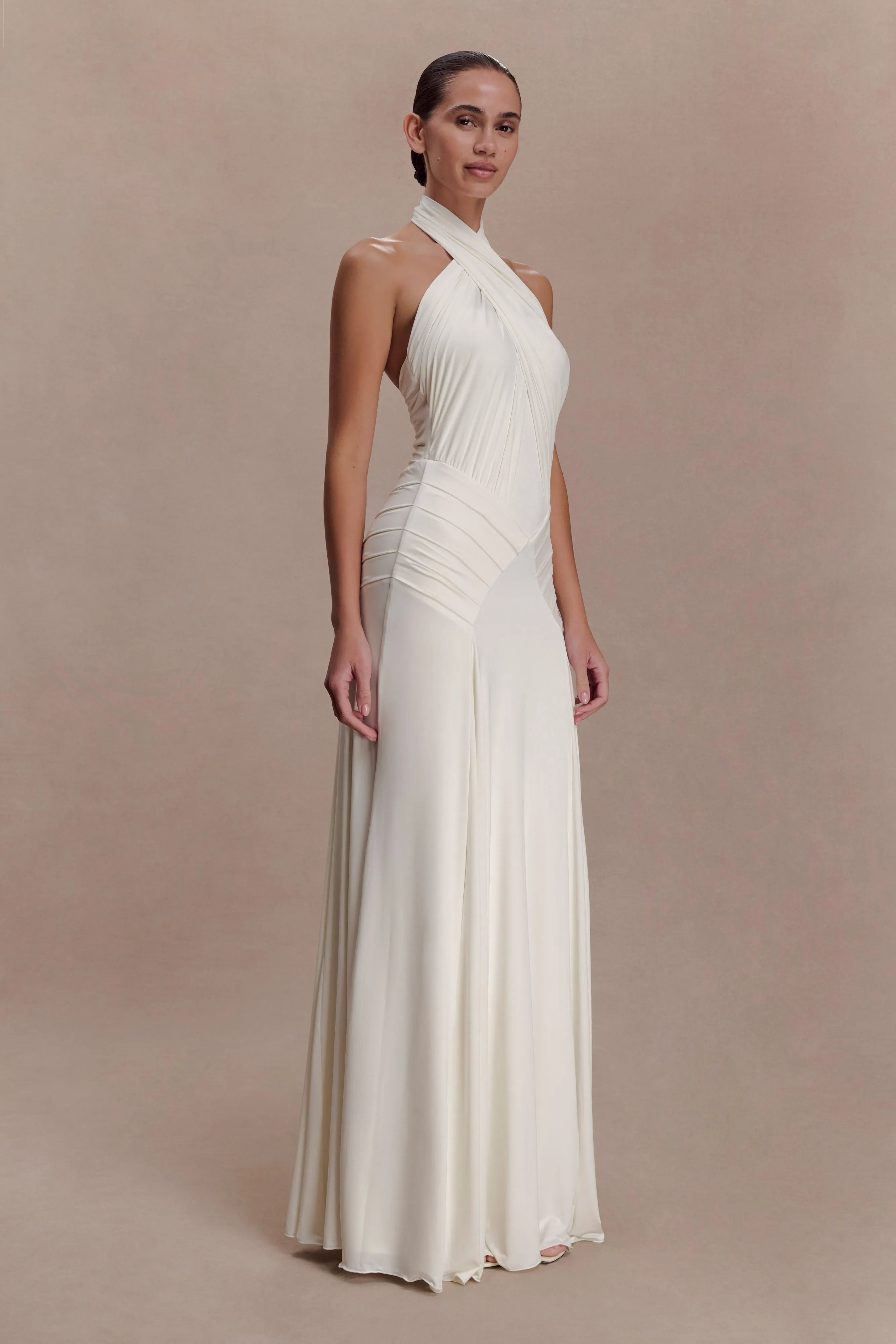 Indira Gathered Slinky Halter Maxi Dress - Ivory sold by Meshki product image thumbnail 4
