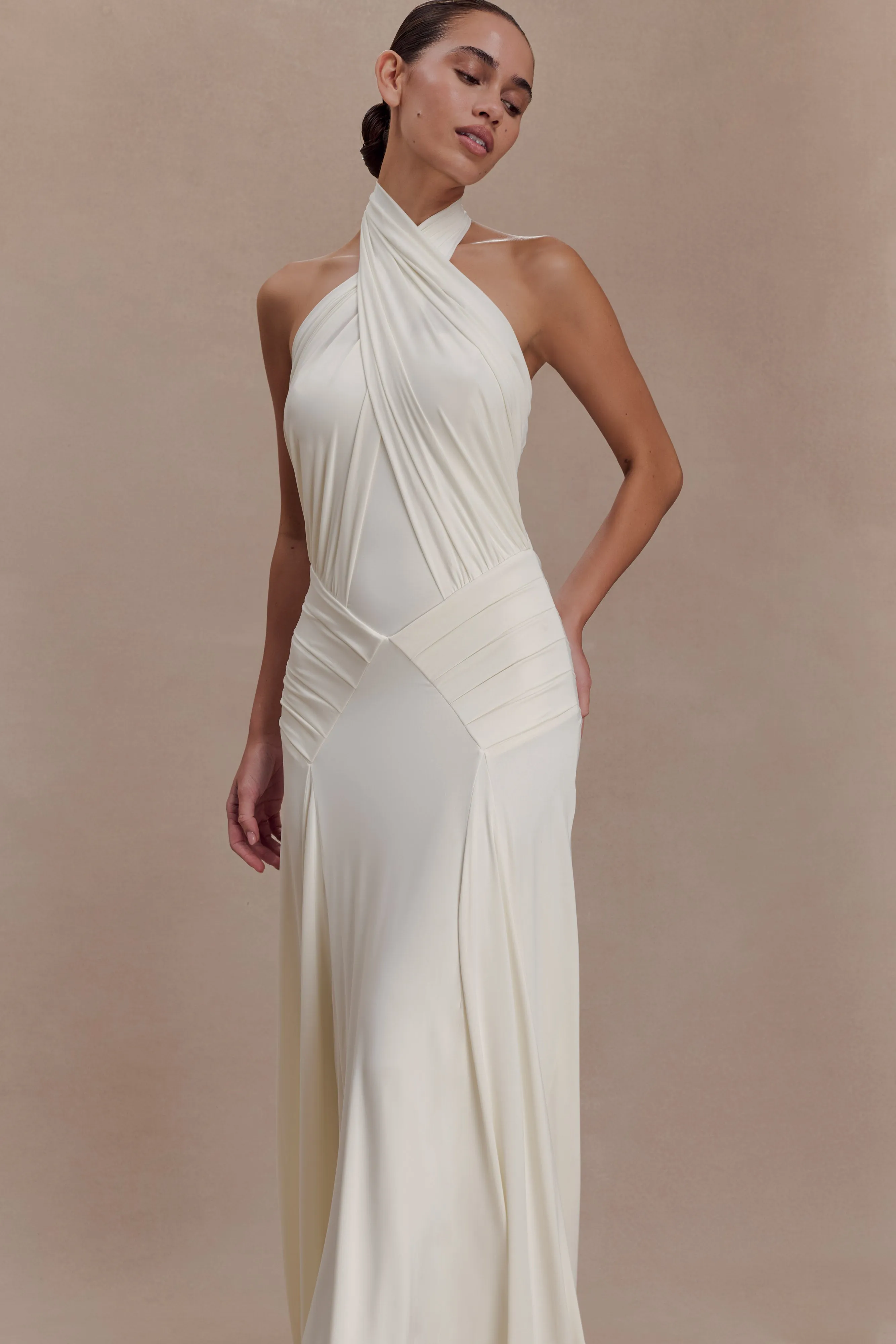 Indira Gathered Slinky Halter Maxi Dress - Ivory sold by Meshki product image thumbnail 5