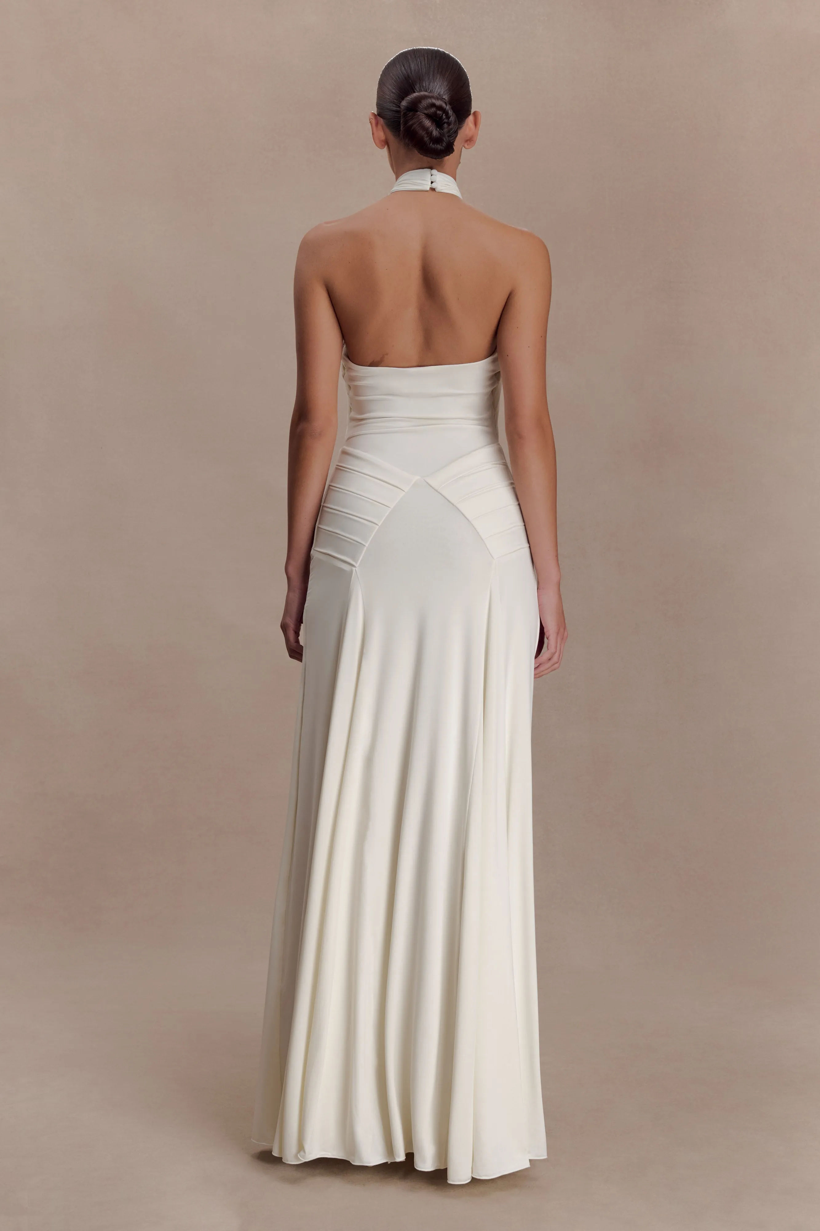 Indira Gathered Slinky Halter Maxi Dress - Ivory sold by Meshki product image thumbnail 2