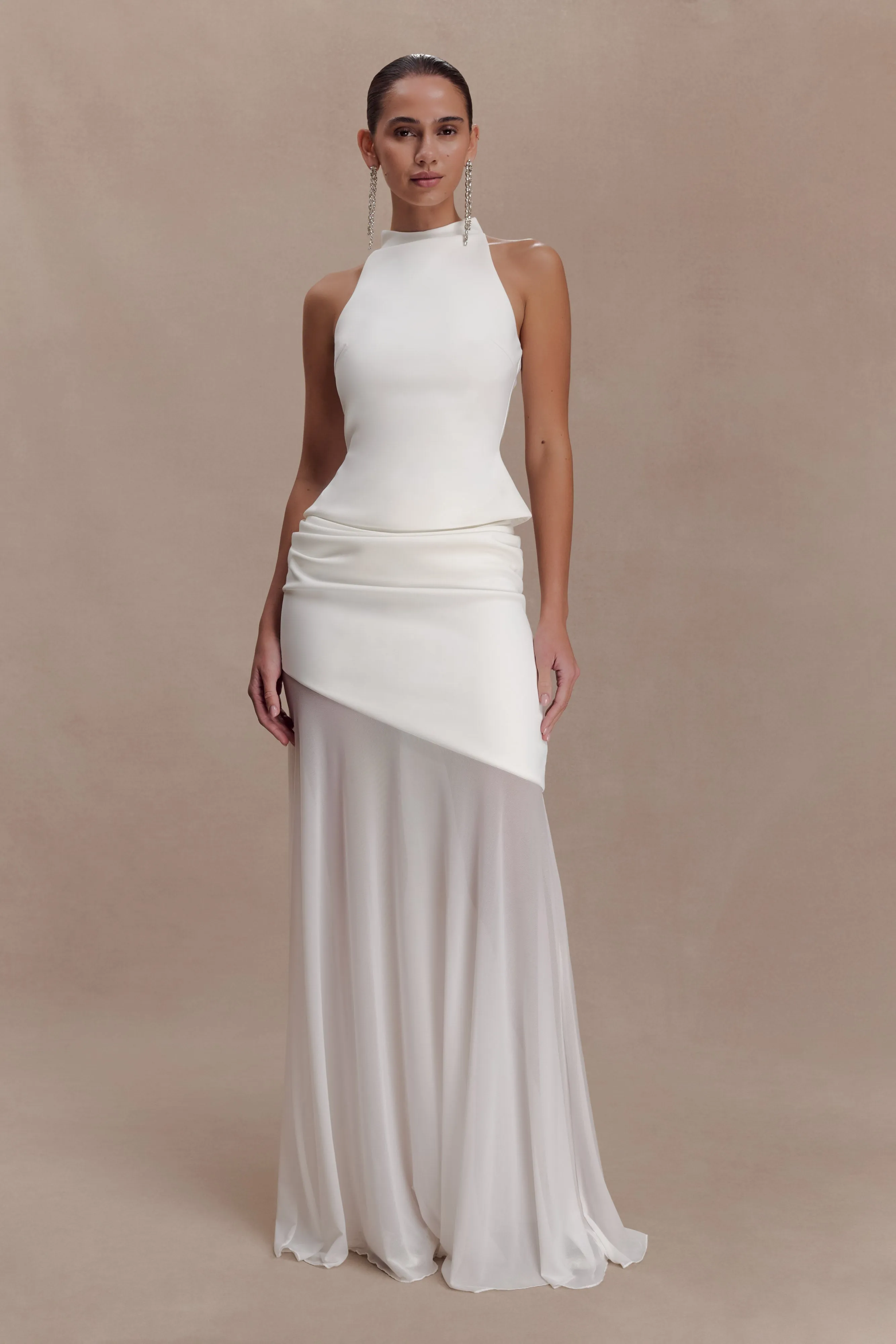 Portia Scuba And Mesh Maxi Skirt - White sold by Meshki