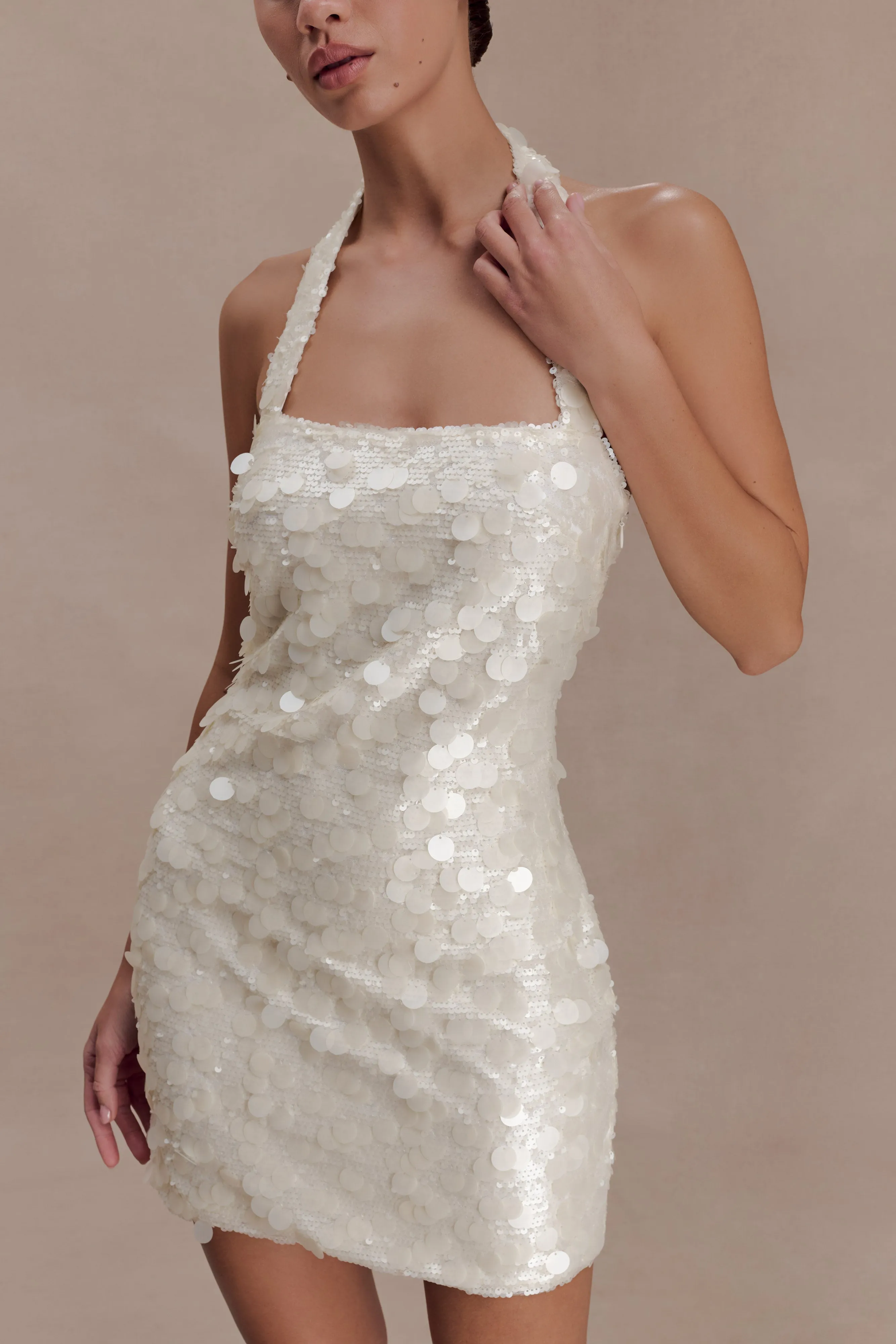 Caralee Sequin Halter Mini Dress - Ivory sold by Meshki product image thumbnail 3