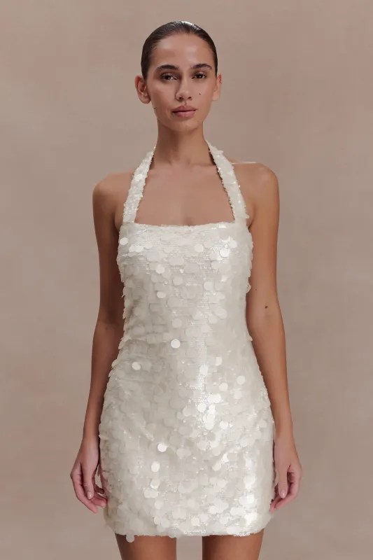 Caralee Sequin Halter Mini Dress - Ivory sold by Meshki