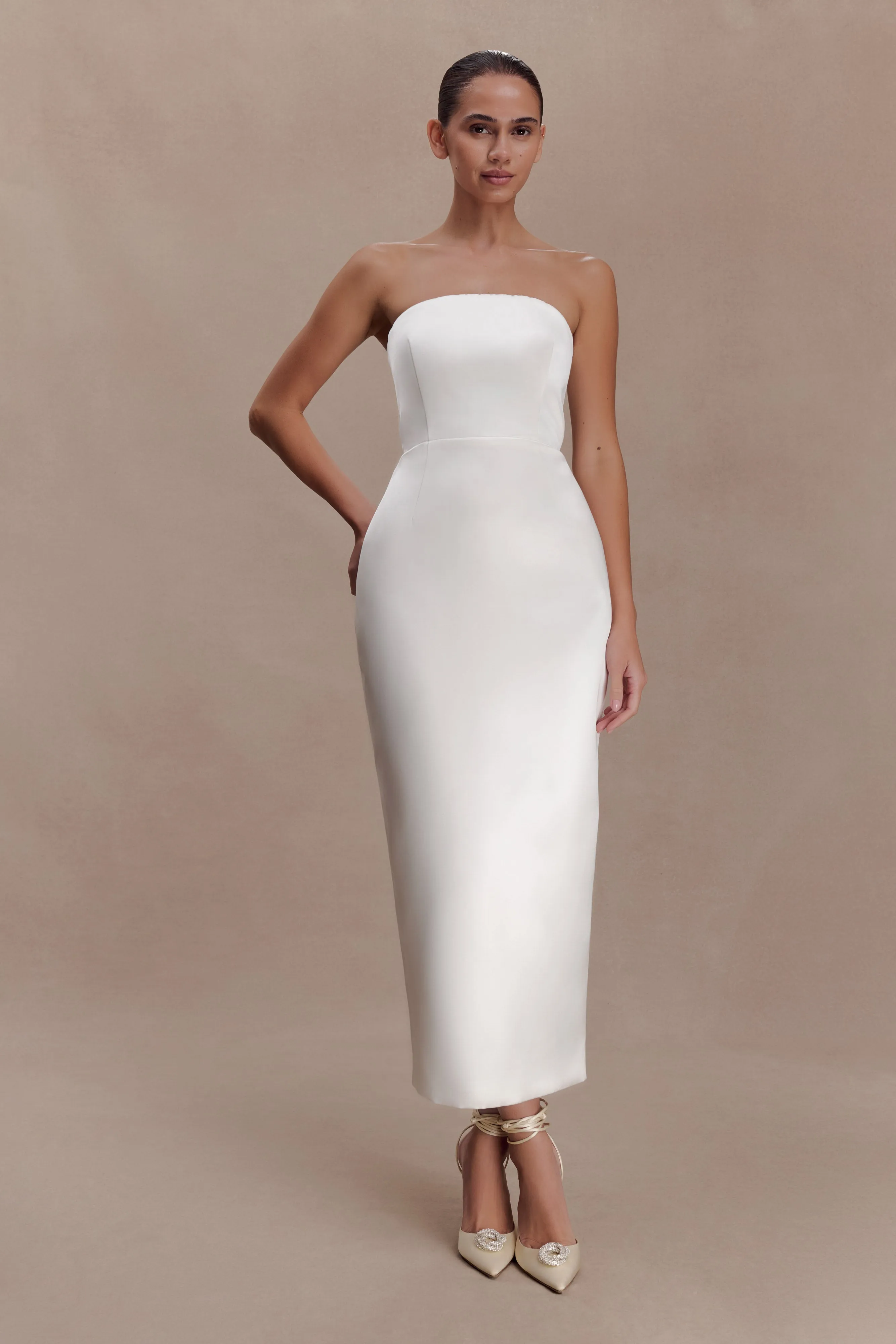 Ophelia Peplum Satin Maxi Dress - Ivory sold by Meshki product image thumbnail 5