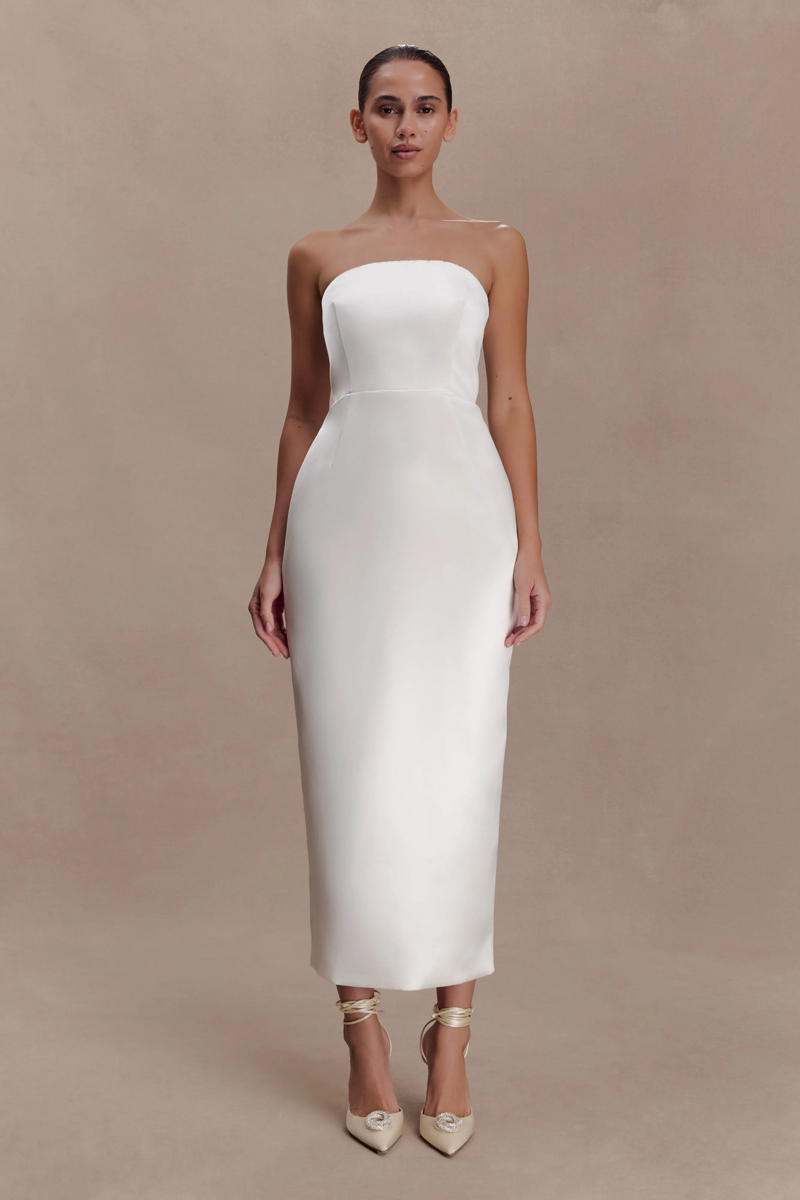 Ophelia Peplum Satin Maxi Dress - Ivory sold by Meshki