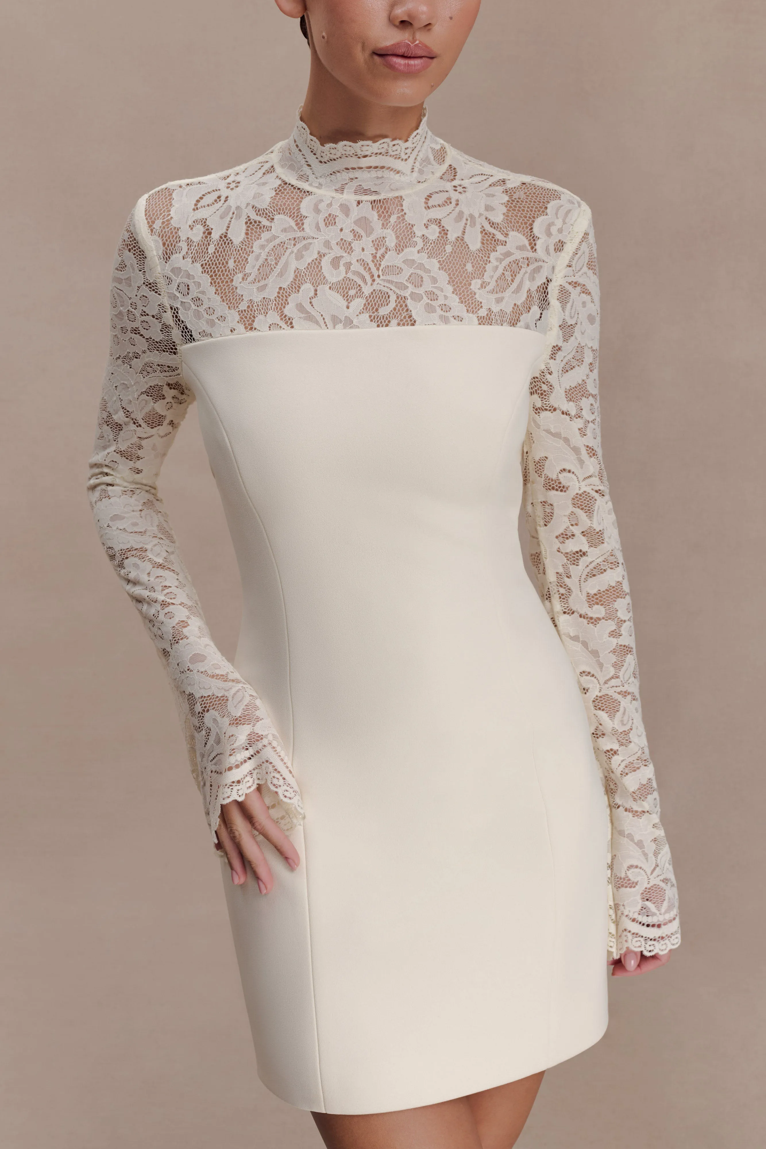 Aurelie Long Sleeve Lace Mini Dress - Ivory sold by Meshki product image thumbnail 3