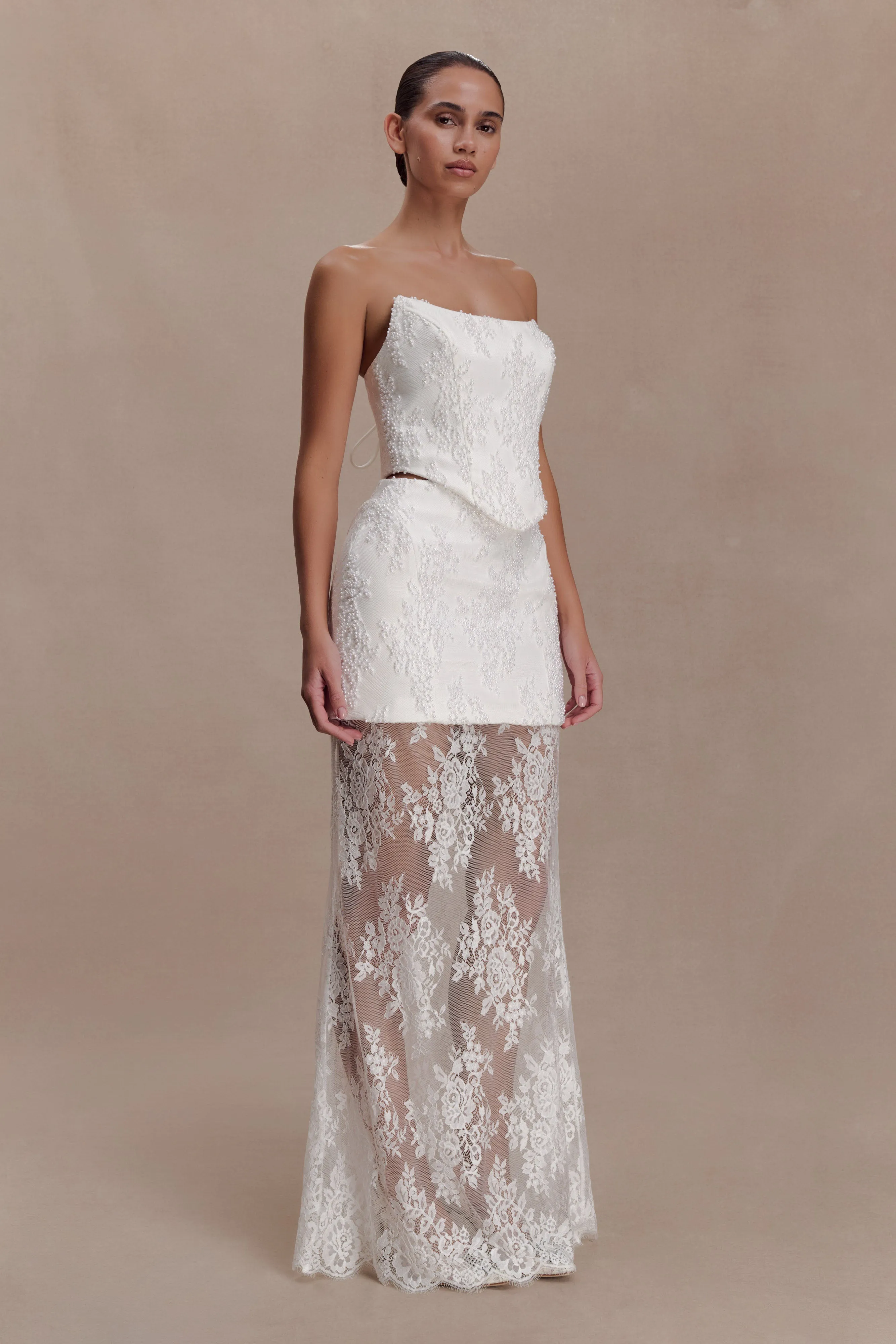 Camille Beaded Satin And Lace Maxi Skirt - Ivory sold by Meshki product image thumbnail 3