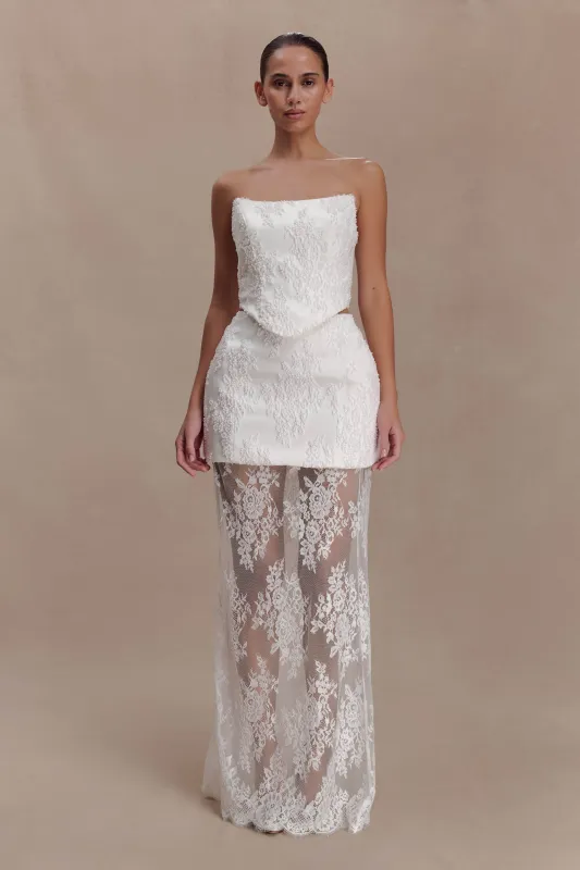 Camille Beaded Satin And Lace Maxi Skirt - Ivory sold by Meshki