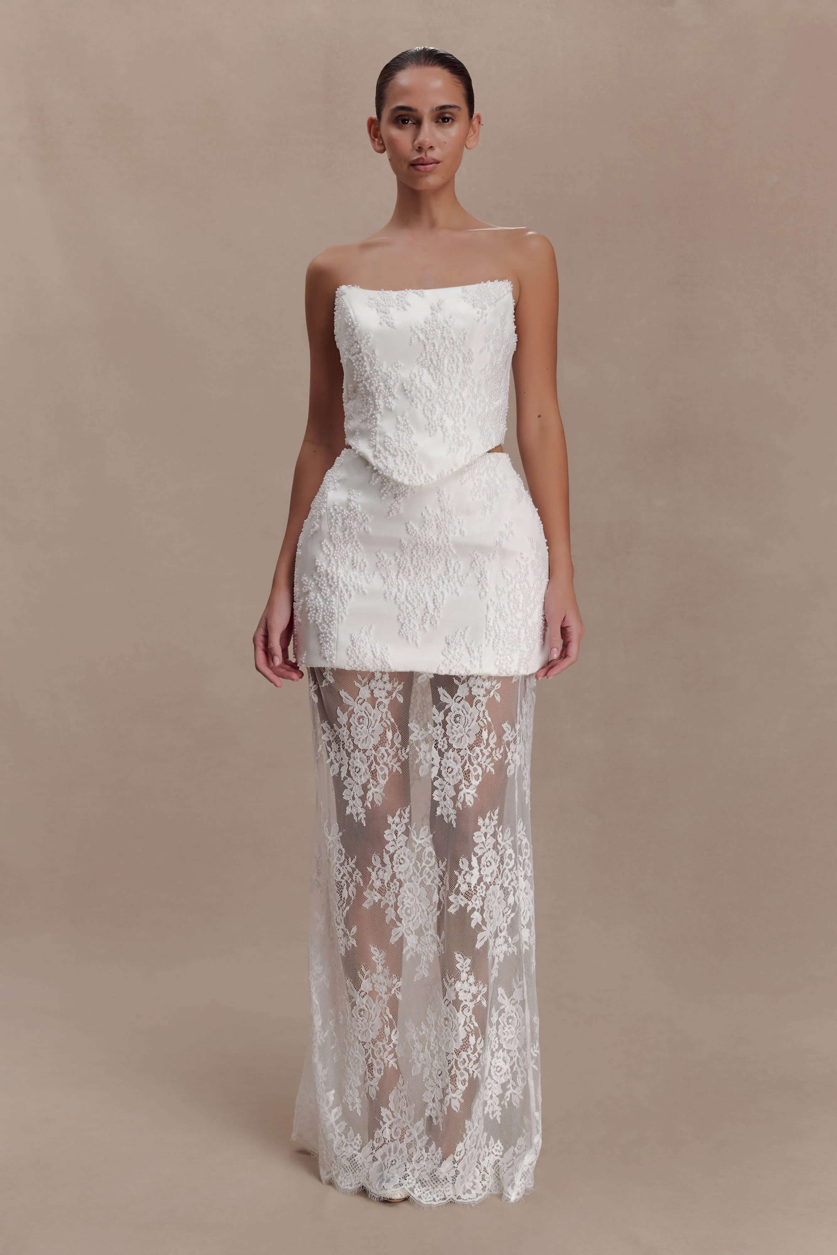 Camille Beaded Satin And Lace Maxi Skirt - Ivory sold by Meshki