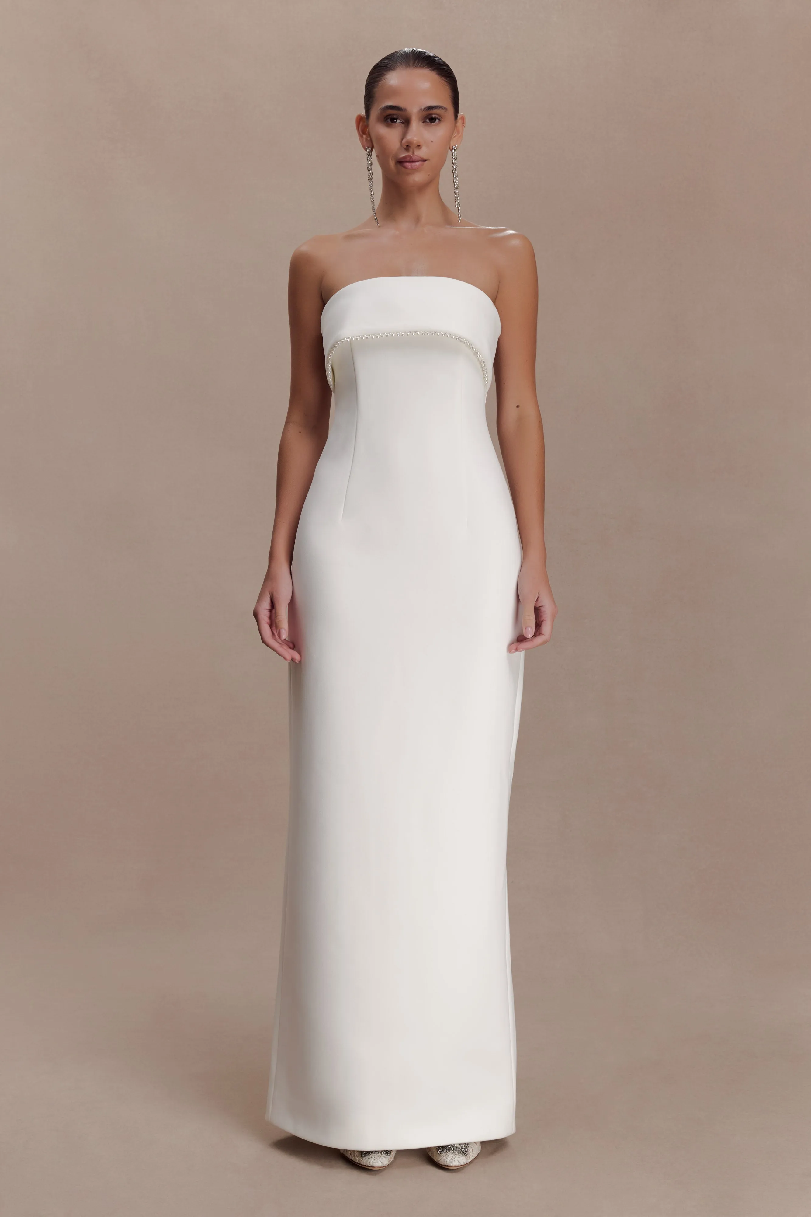 Sloane Strapless Maxi Dress With Pearls - White sold by Meshki