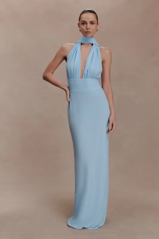 Nadine Halter Chiffon Maxi Dress - Blue sold by Meshki
