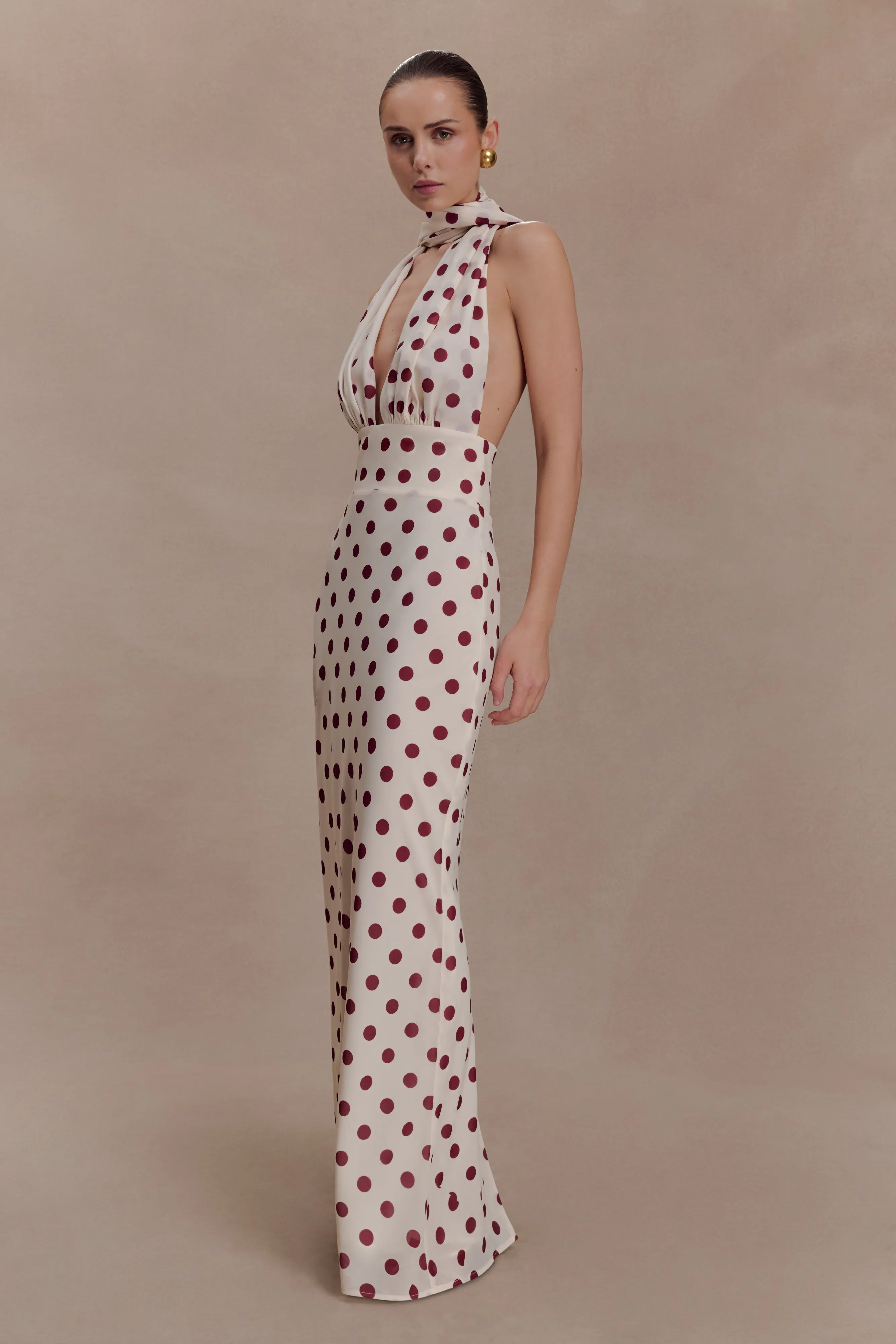 Nadine Halter Chiffon Maxi Dress - Ivory/Merlot Polka Dot sold by Meshki product image thumbnail 5