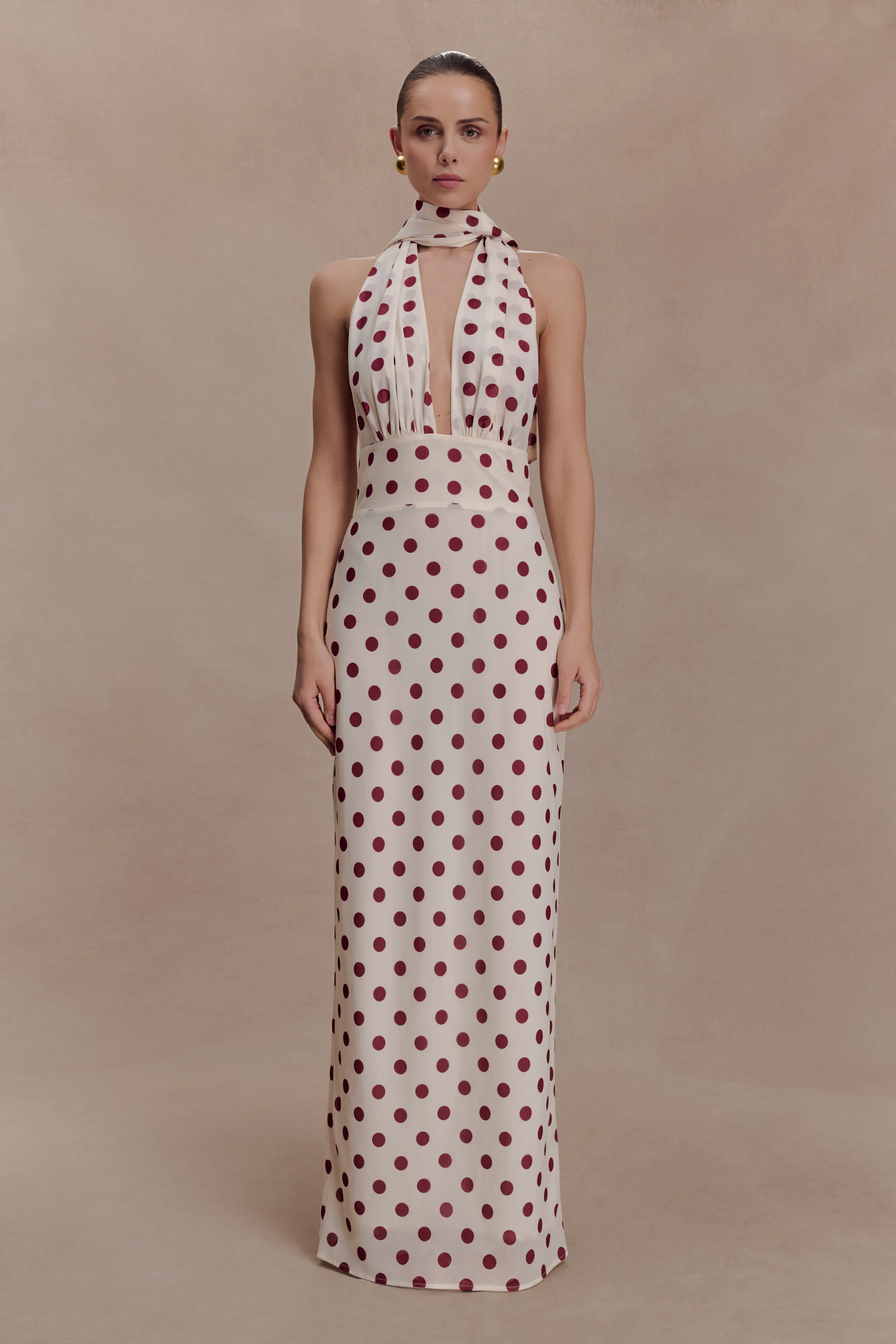 Nadine Halter Chiffon Maxi Dress - Ivory/Merlot Polka Dot sold by Meshki product image thumbnail 2