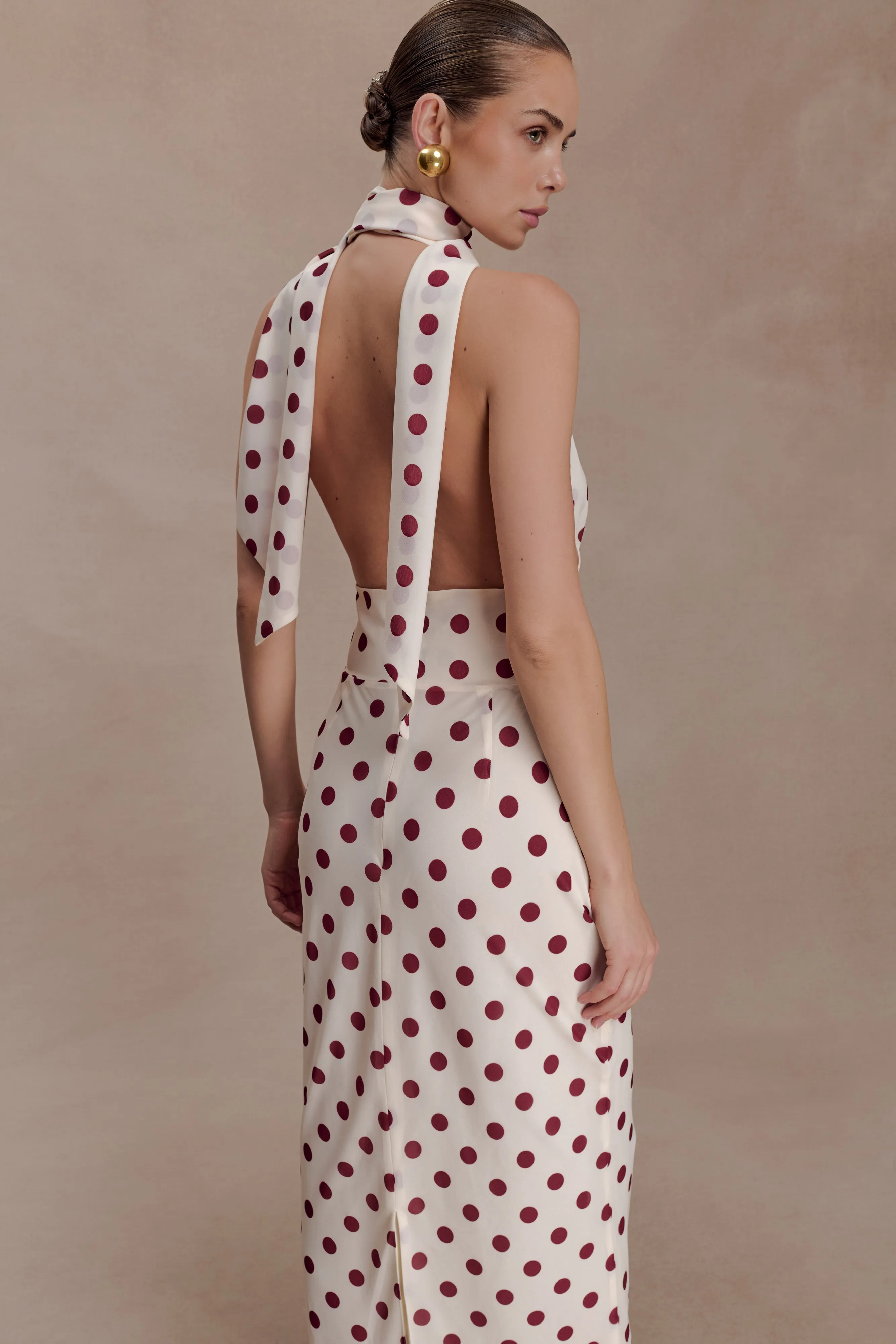 Nadine Halter Chiffon Maxi Dress - Ivory/Merlot Polka Dot sold by Meshki product image thumbnail 3