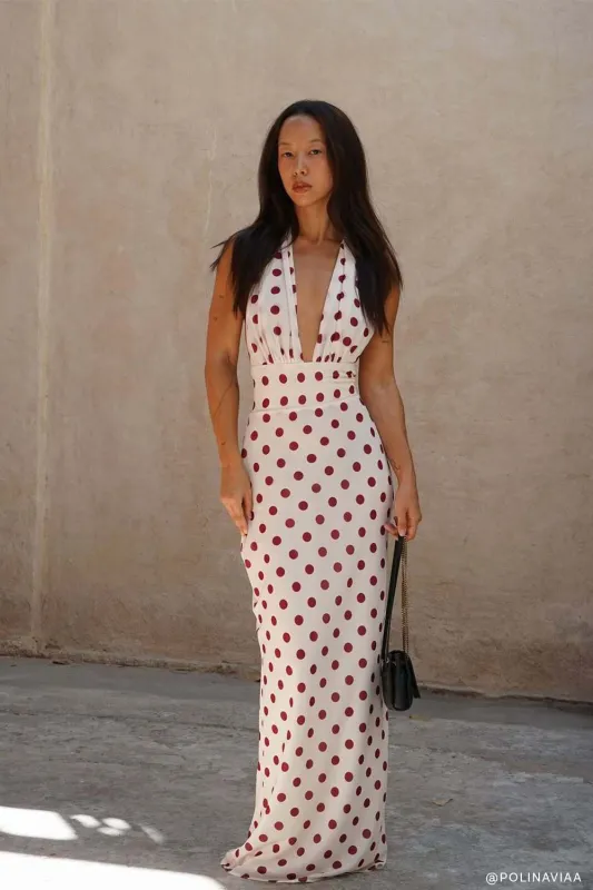 Nadine Halter Chiffon Maxi Dress - Ivory/Merlot Polka Dot sold by Meshki