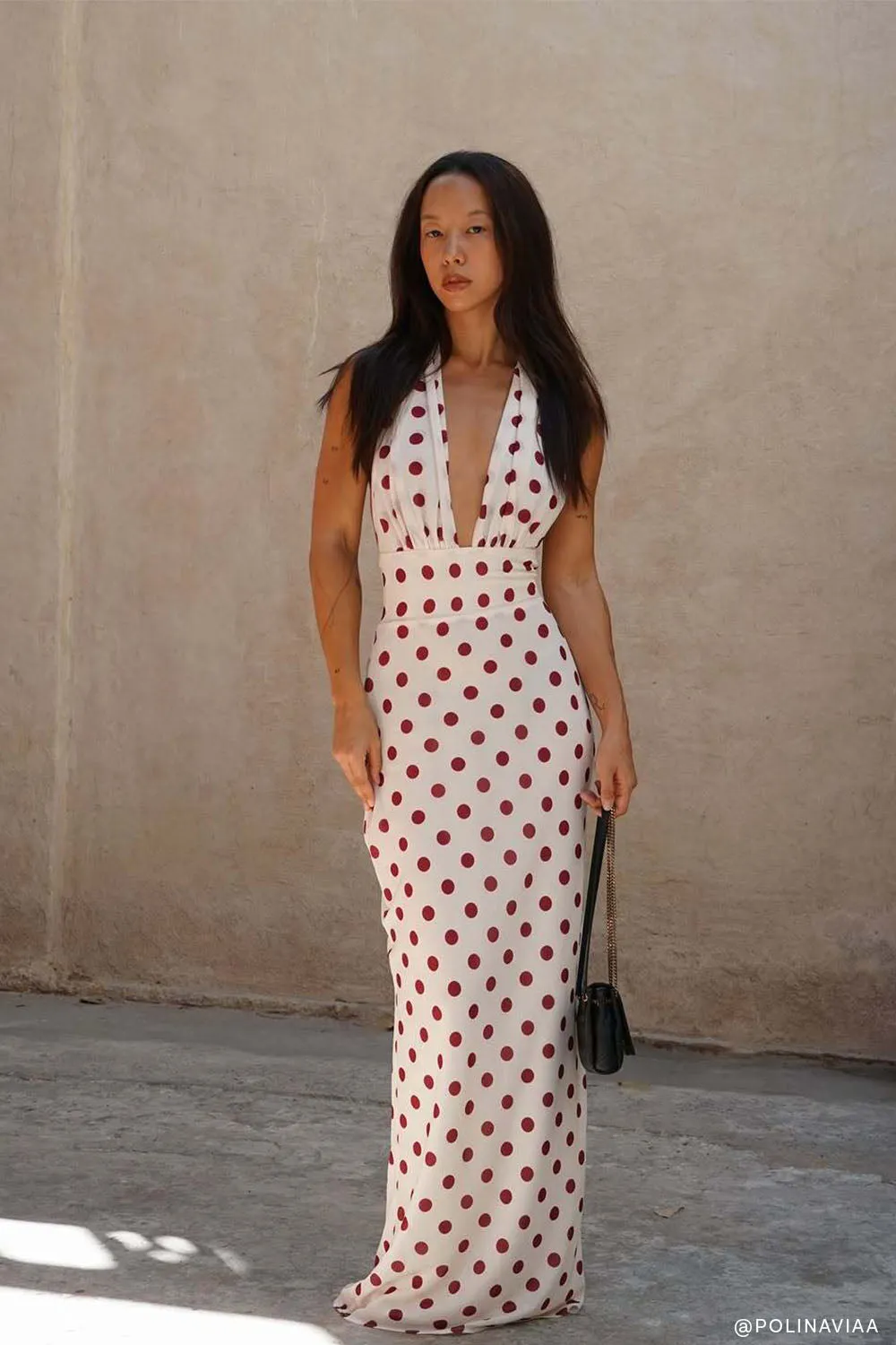 Nadine Halter Chiffon Maxi Dress - Ivory/Merlot Polka Dot sold by Meshki