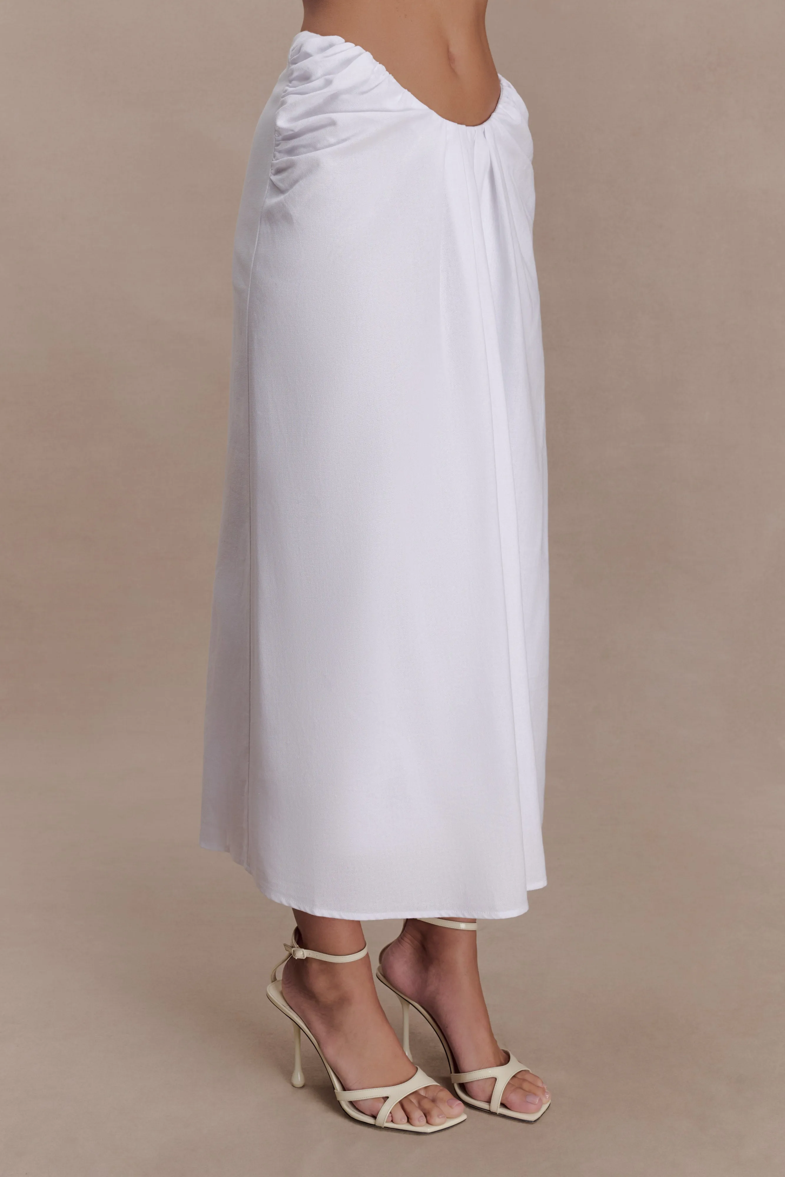 Talia Draped Linen Midi Skirt - White sold by Meshki product image thumbnail 4