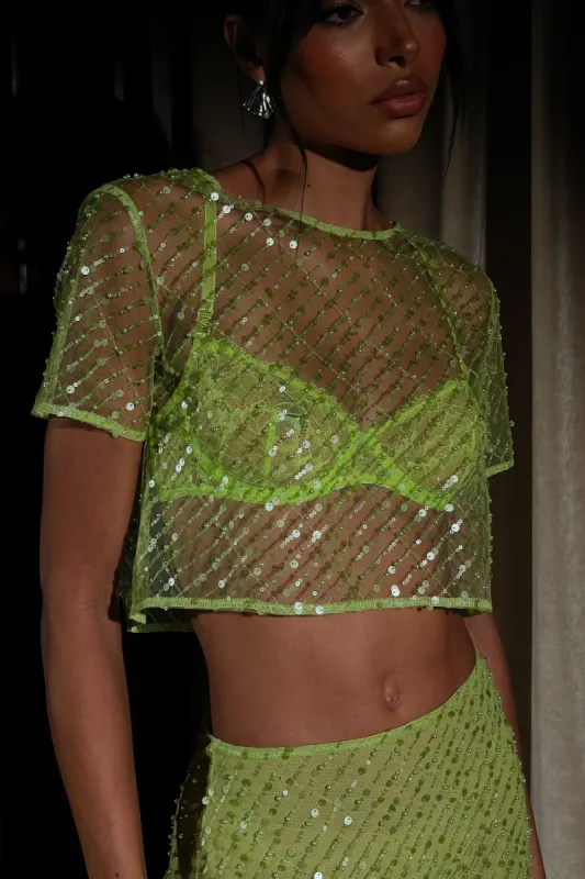 Brynne Sequin Short Sleeve Top - Parakeet Green sold by Meshki