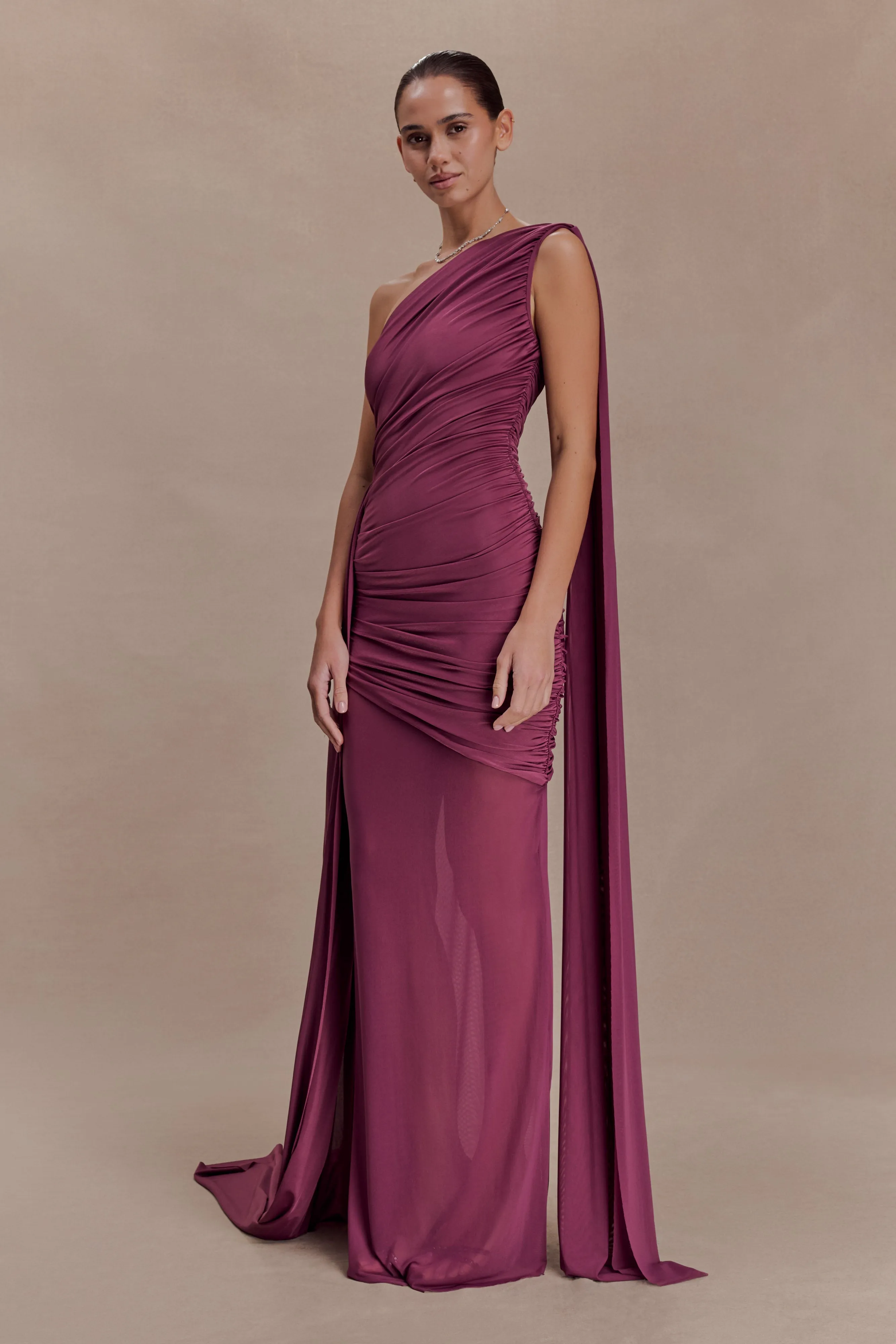 Asher Slinky One Shoulder Maxi Dress - Neutral Plum sold by Meshki product image thumbnail 5