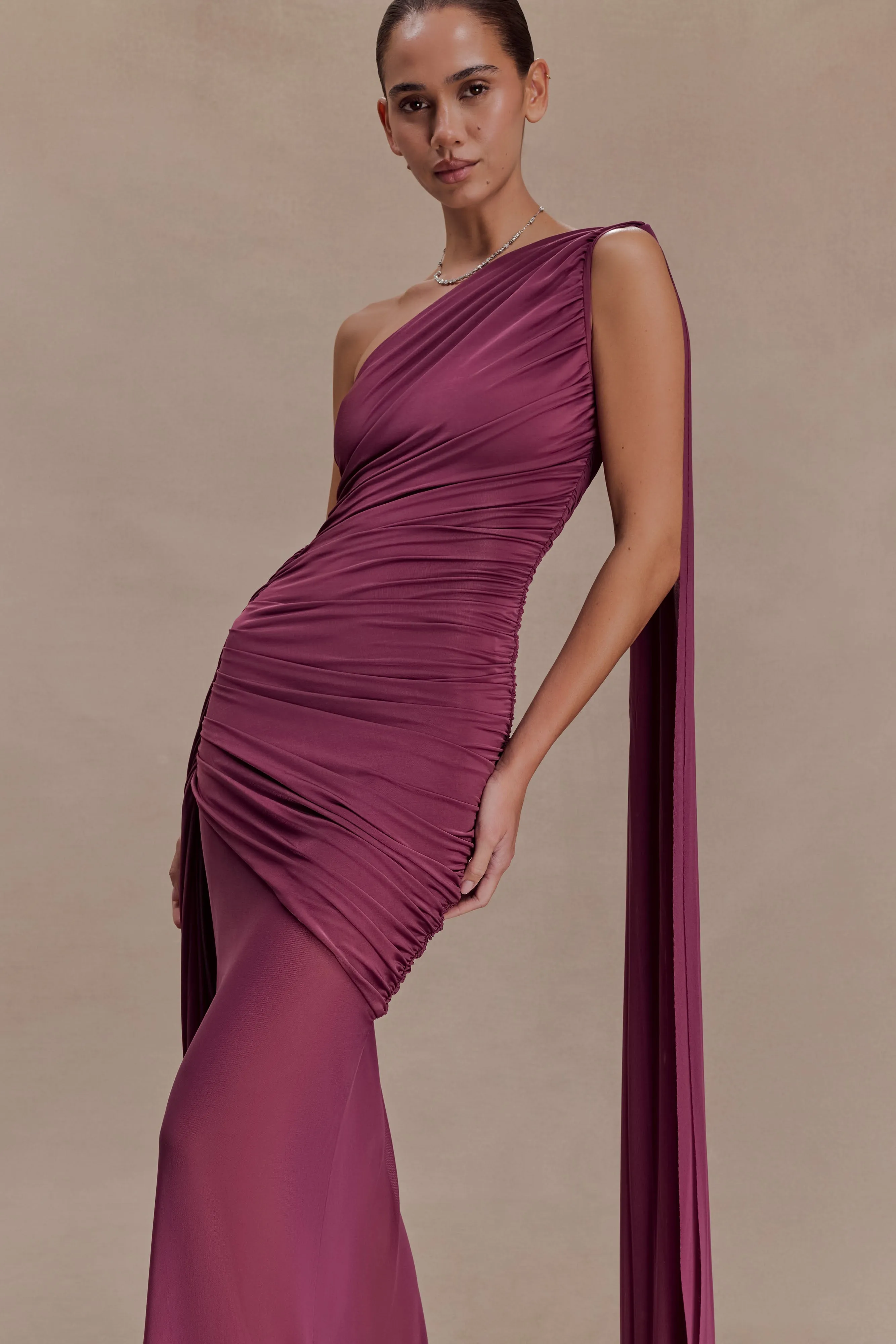 Asher Slinky One Shoulder Maxi Dress - Neutral Plum sold by Meshki product image thumbnail 3