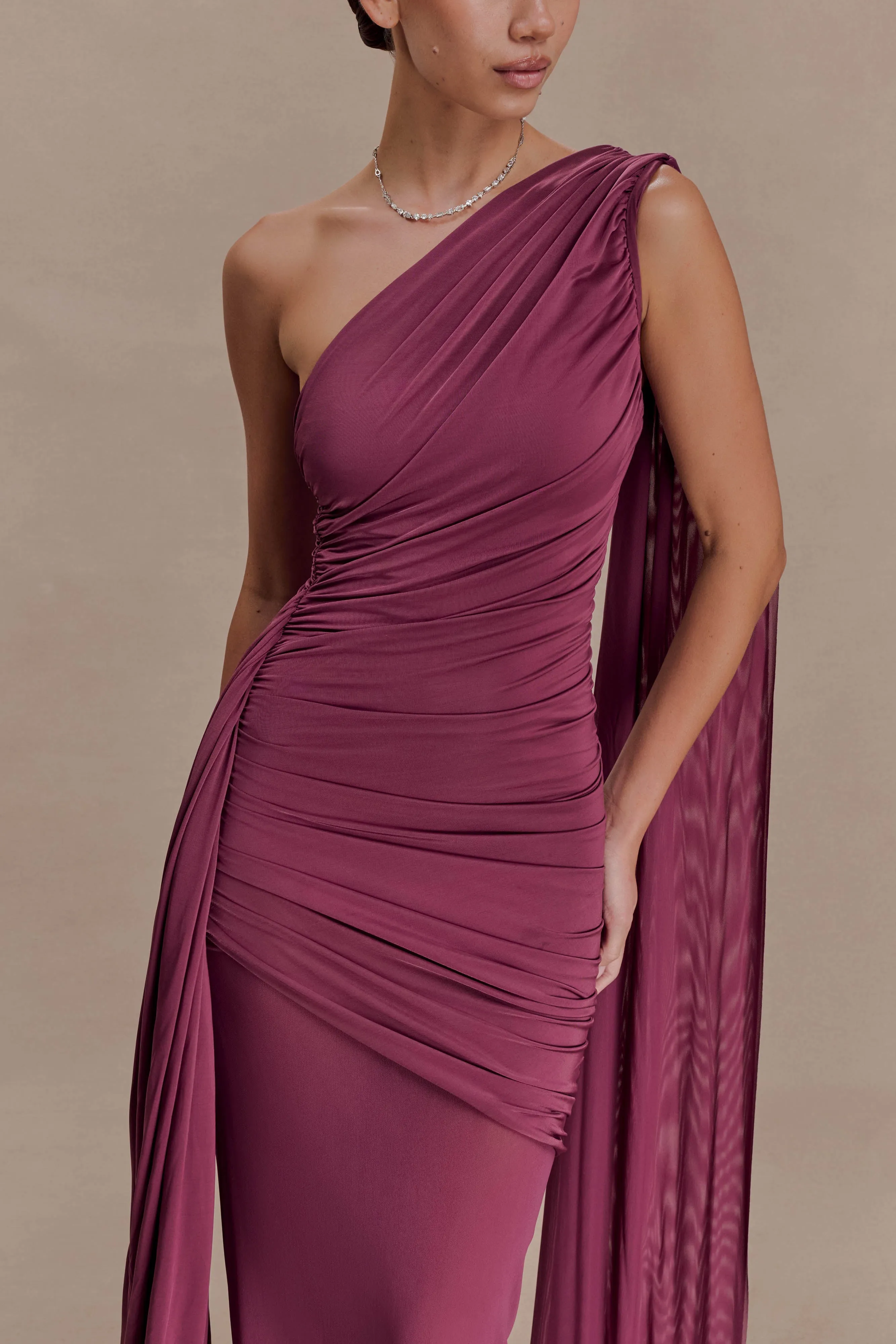 Asher Slinky One Shoulder Maxi Dress - Neutral Plum sold by Meshki product image thumbnail 4