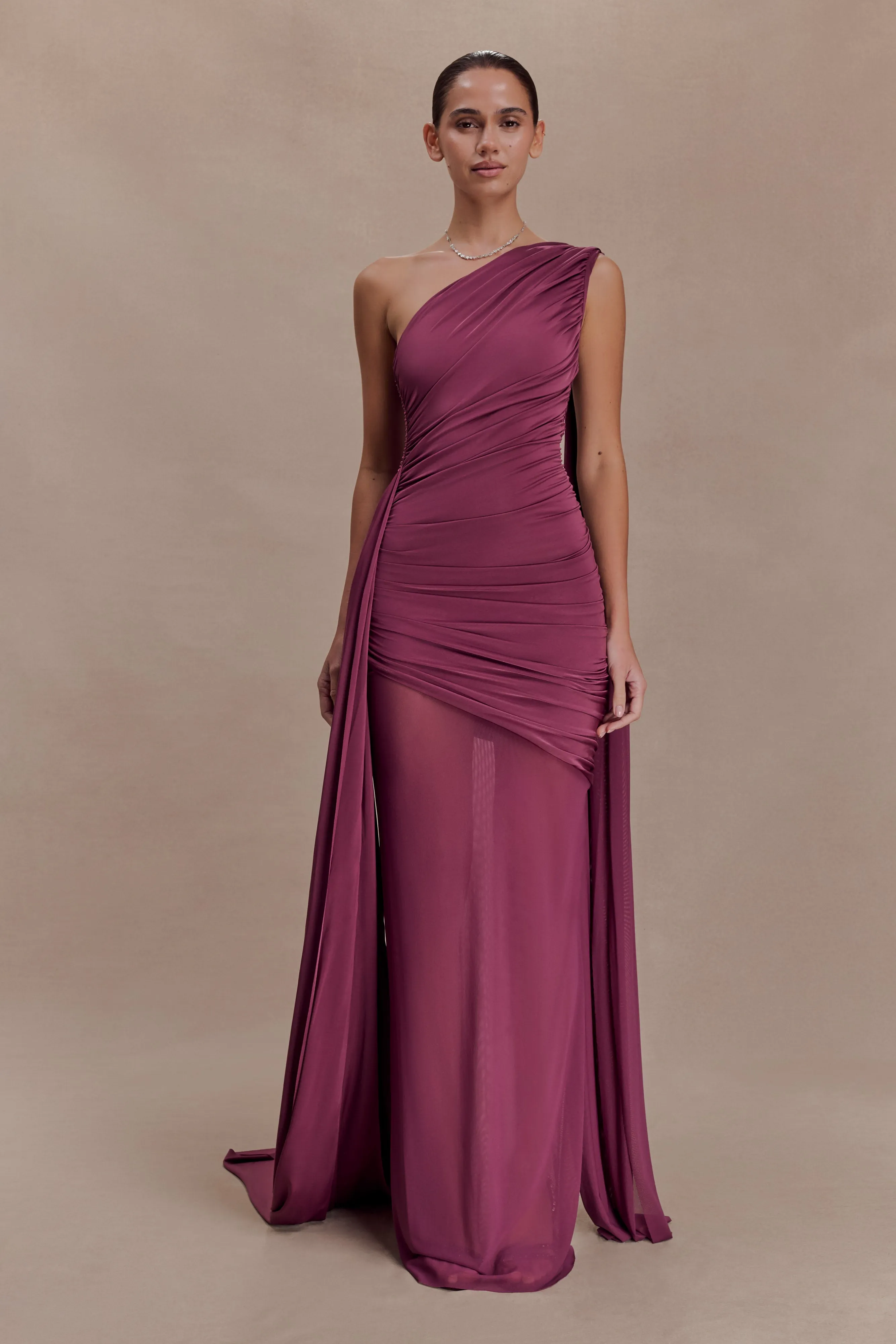Asher Slinky One Shoulder Maxi Dress - Neutral Plum sold by Meshki