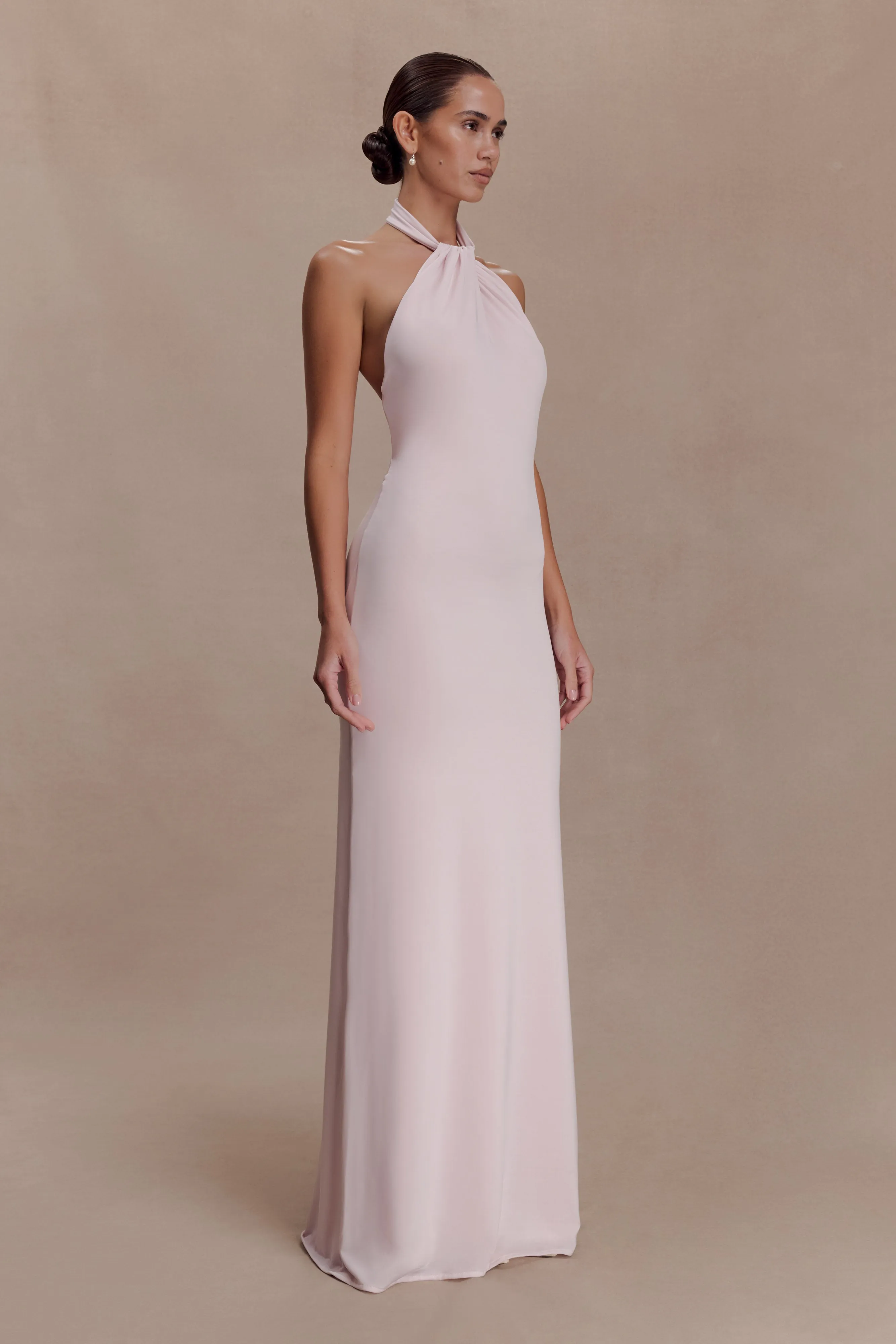 Elyna Slinky Halter Maxi Dress - Pale Pink sold by Meshki product image thumbnail 4