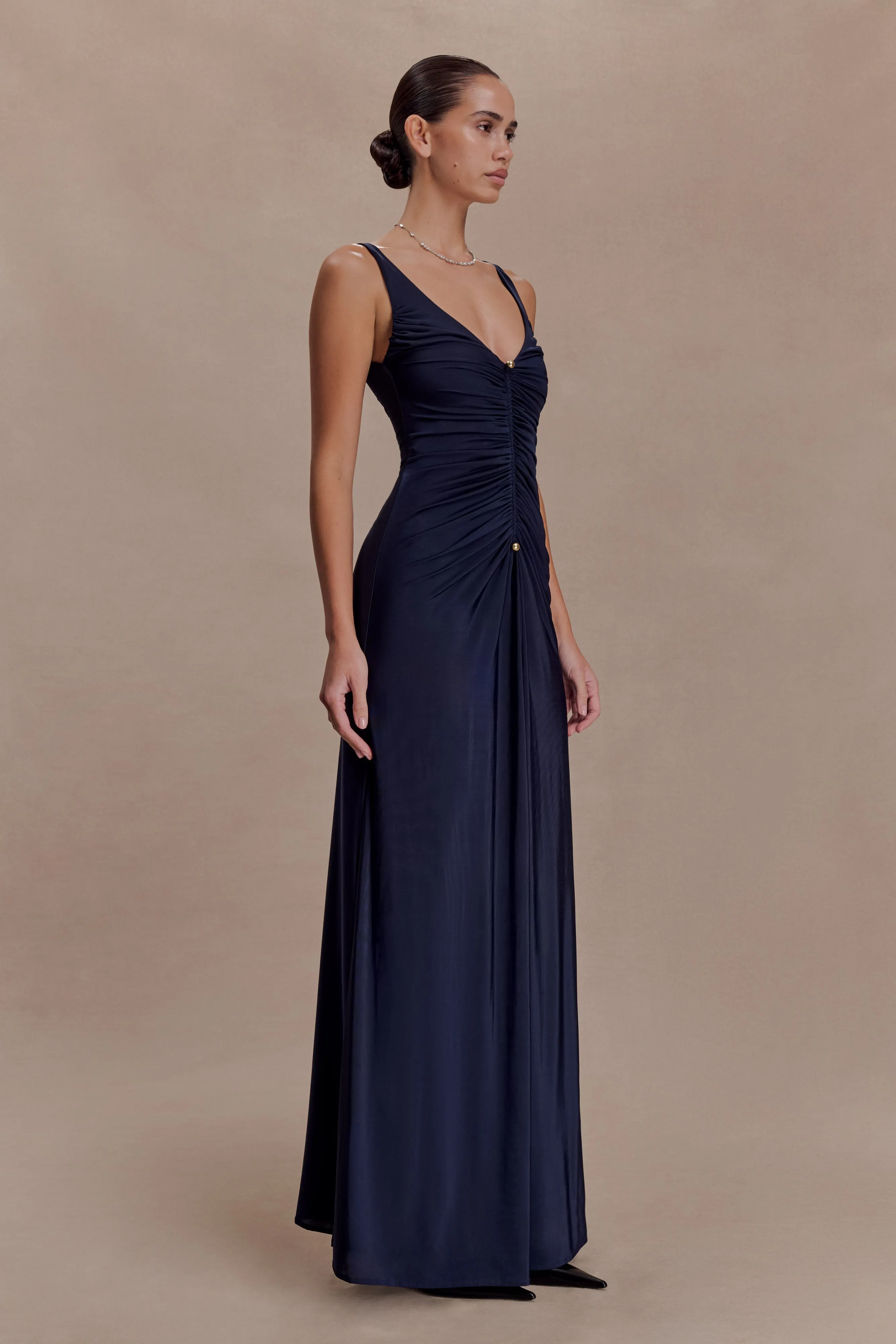 Perrie Slinky Ruched Maxi Dress - Ink Blue sold by Meshki product image thumbnail 4