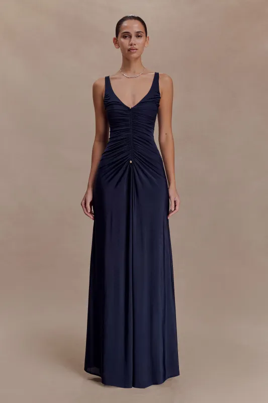 Perrie Slinky Ruched Maxi Dress - Ink Blue sold by Meshki