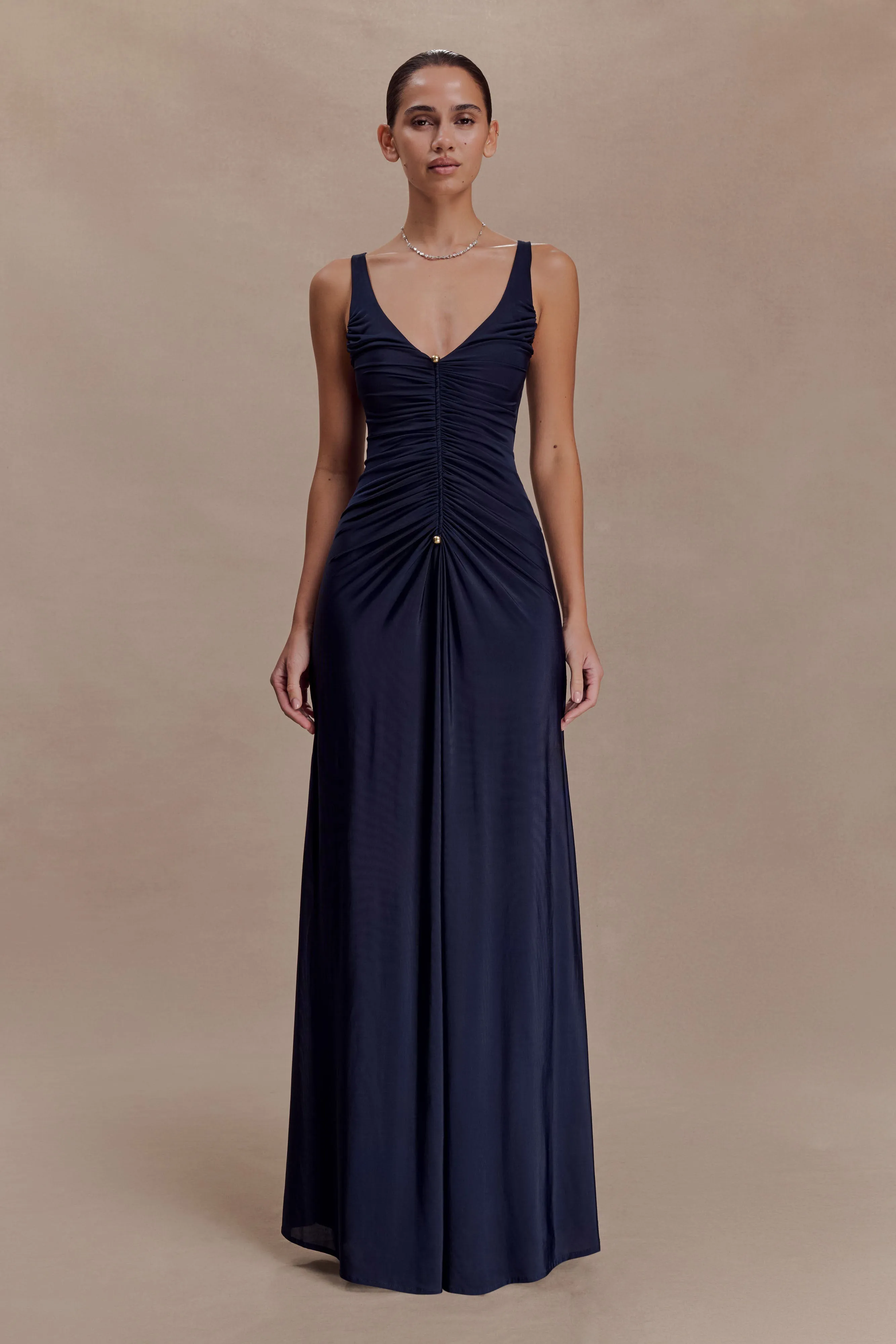 Perrie Slinky Ruched Maxi Dress - Ink Blue sold by Meshki