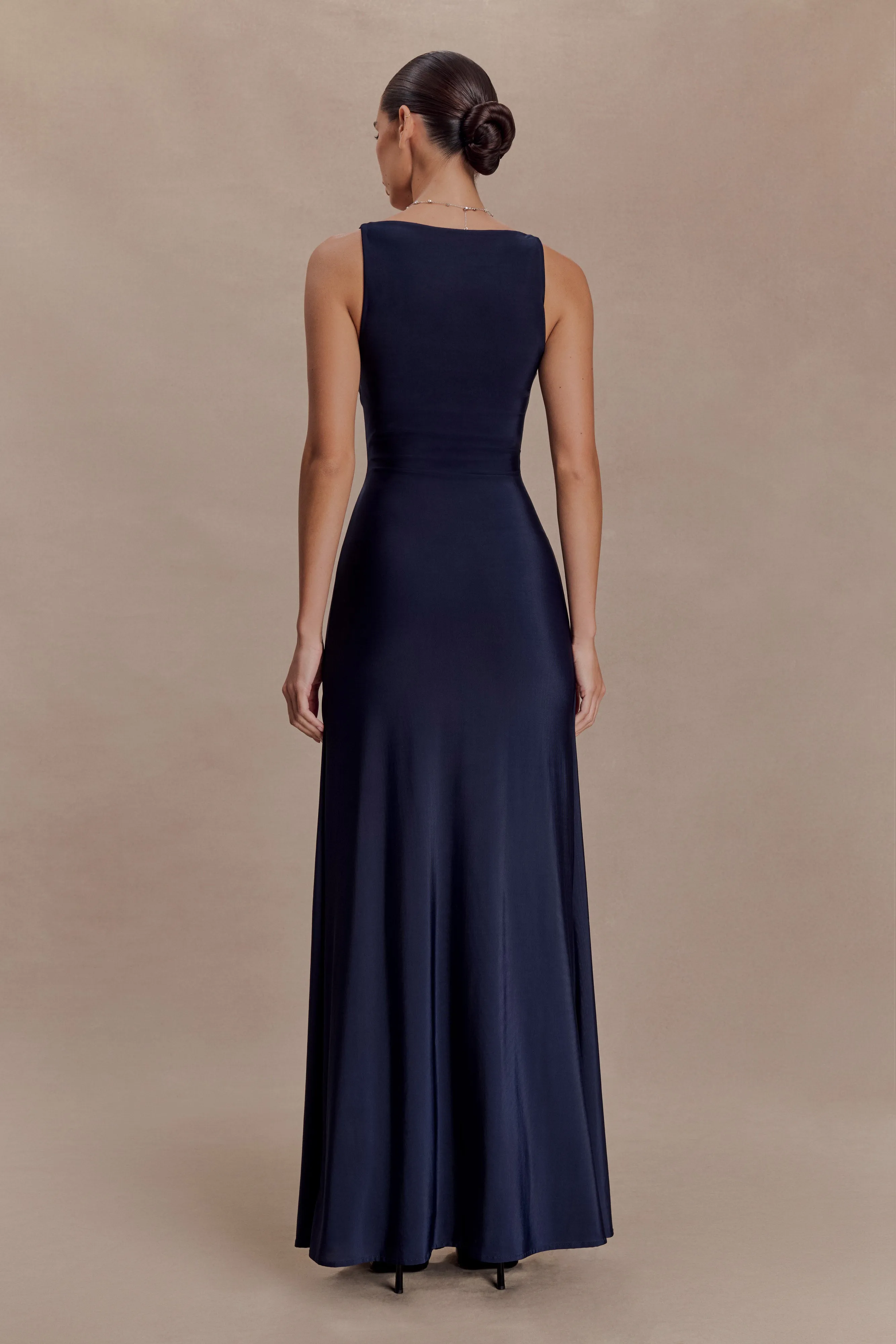 Perrie Slinky Ruched Maxi Dress - Ink Blue sold by Meshki product image thumbnail 2