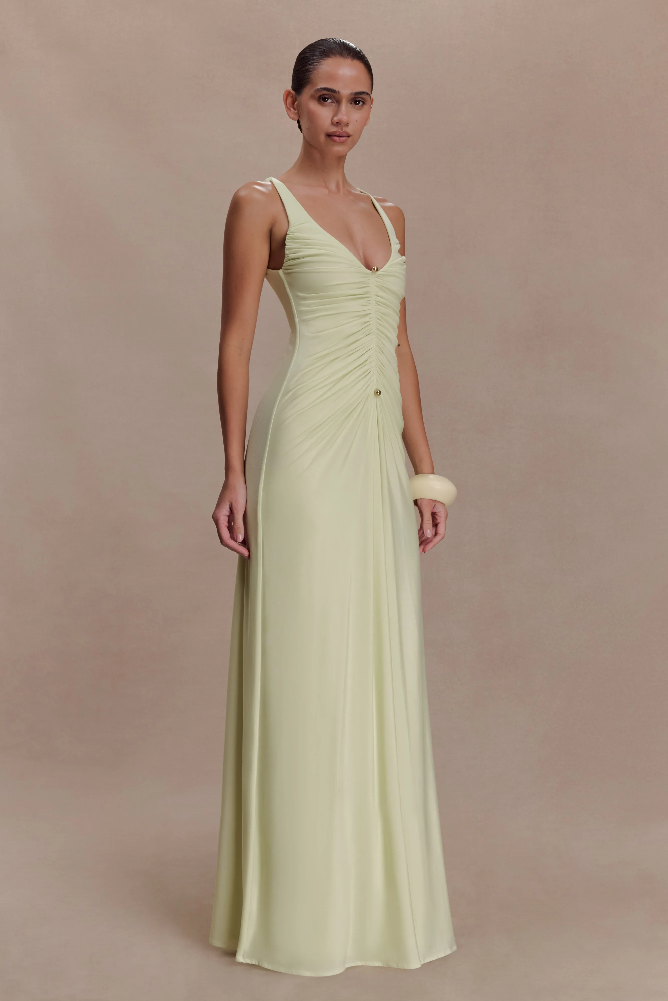 Perrie Slinky Ruched Maxi Dress - Pastel Lime sold by Meshki product image thumbnail 4