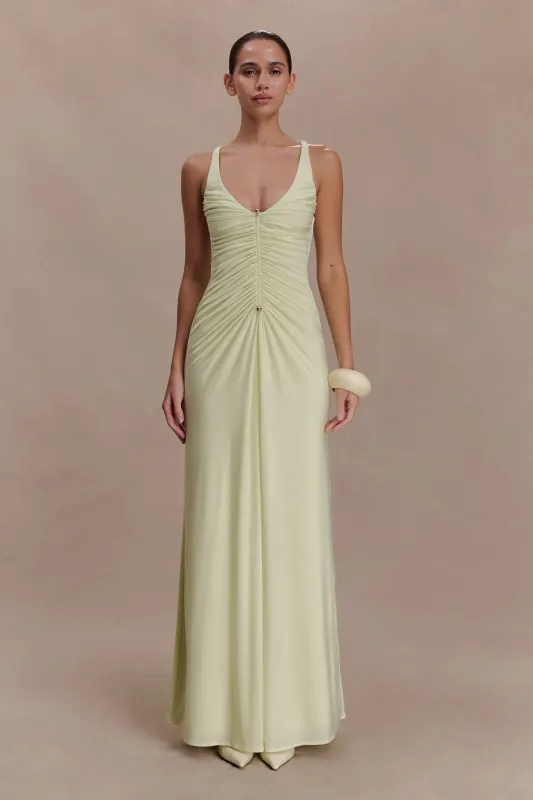 Perrie Slinky Ruched Maxi Dress - Pastel Lime sold by Meshki