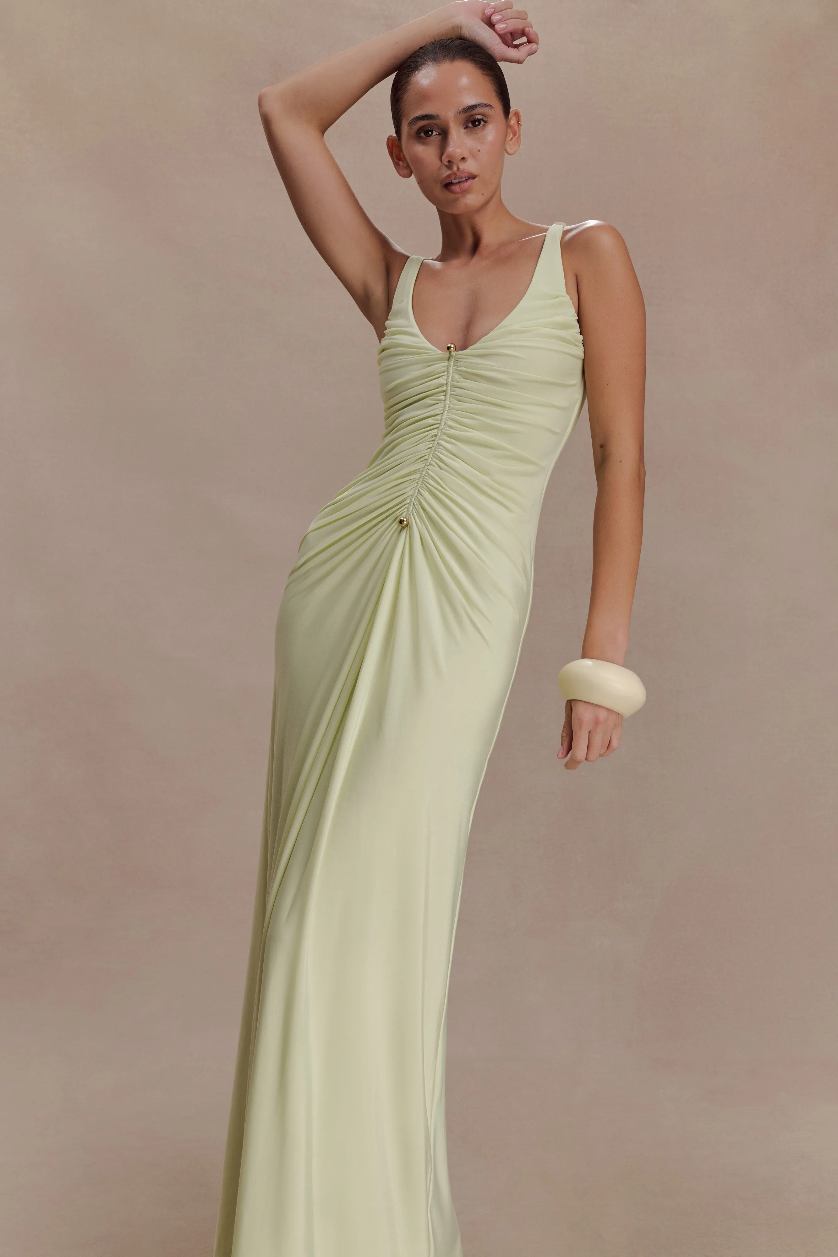 Perrie Slinky Ruched Maxi Dress - Pastel Lime sold by Meshki product image thumbnail 3