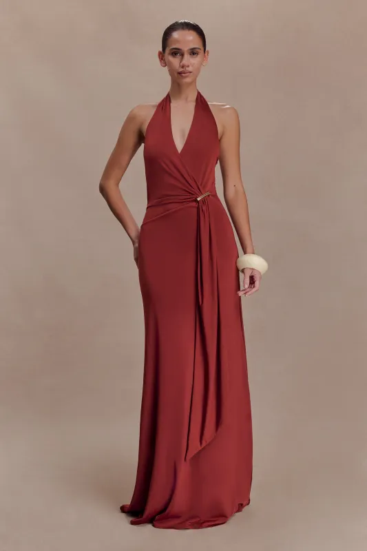 Veda Slinky Halter Maxi Dress - Russet sold by Meshki