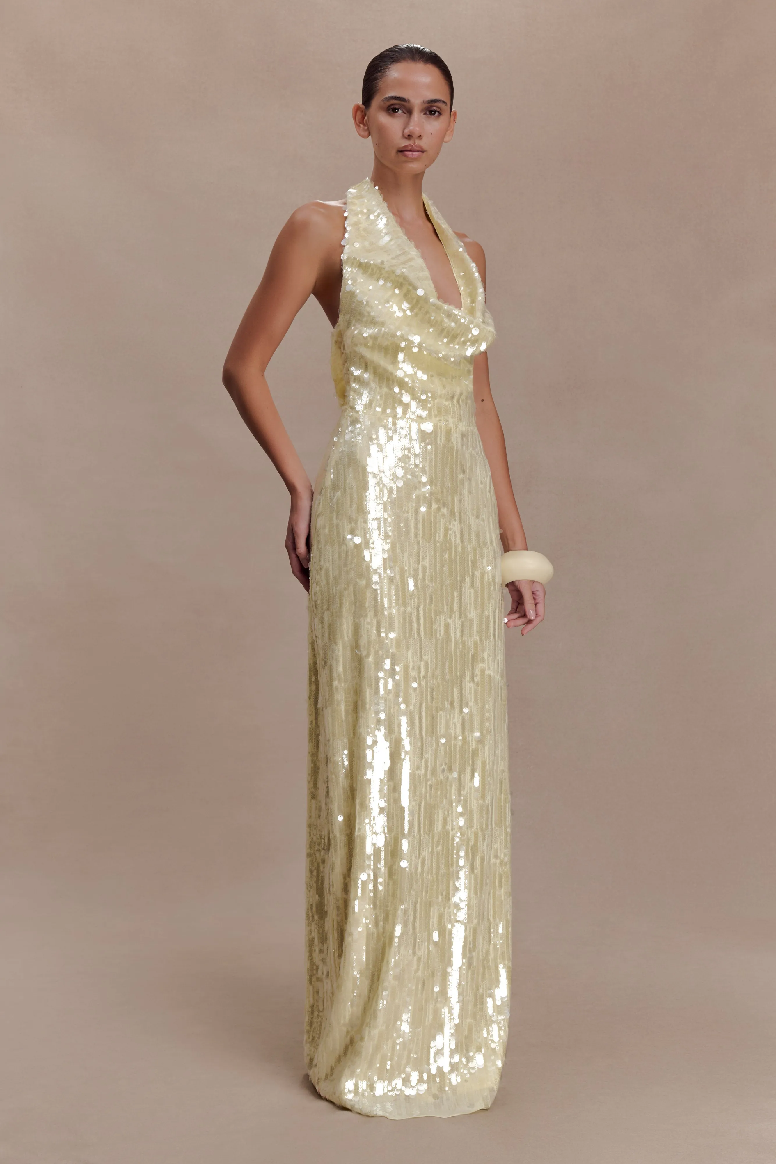 Gertrud Sequin Halter Maxi Dress - Lemon sold by Meshki product image thumbnail 3