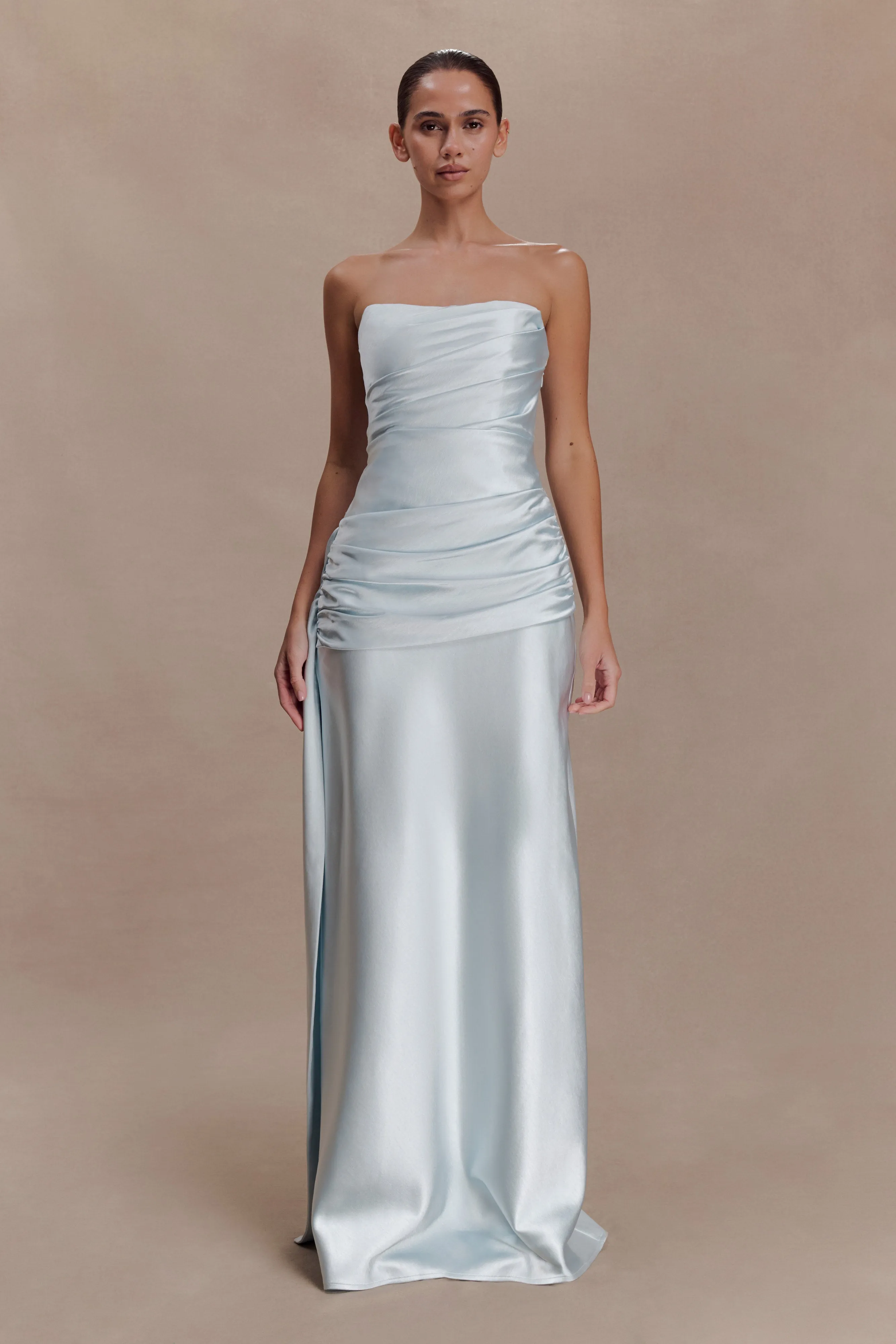 Sarah Strapless Maxi Dress With Waist Tie - Ice Blue sold by Meshki