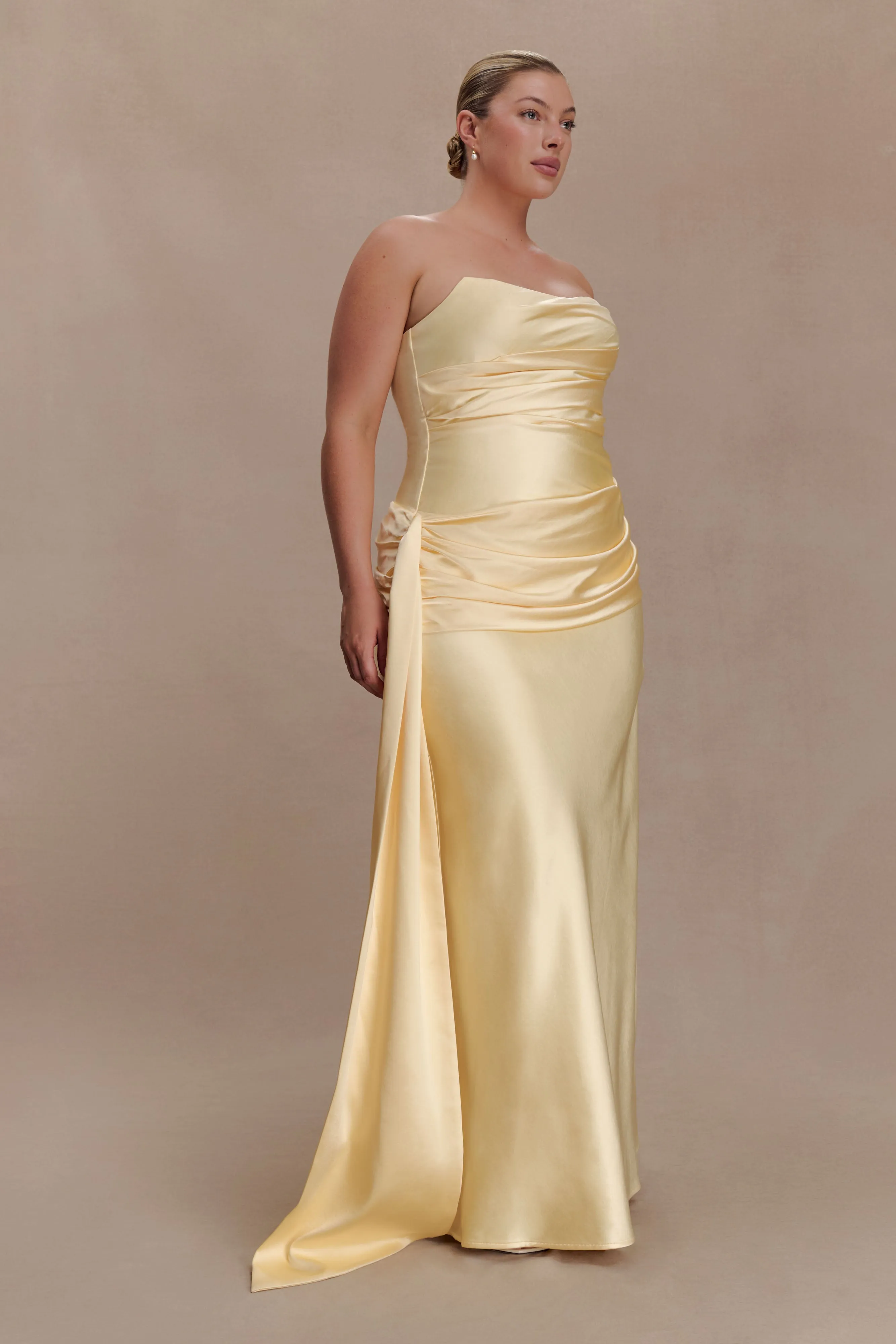 Sarah Strapless Maxi Dress With Waist Tie - Lemon sold by Meshki product image thumbnail 4