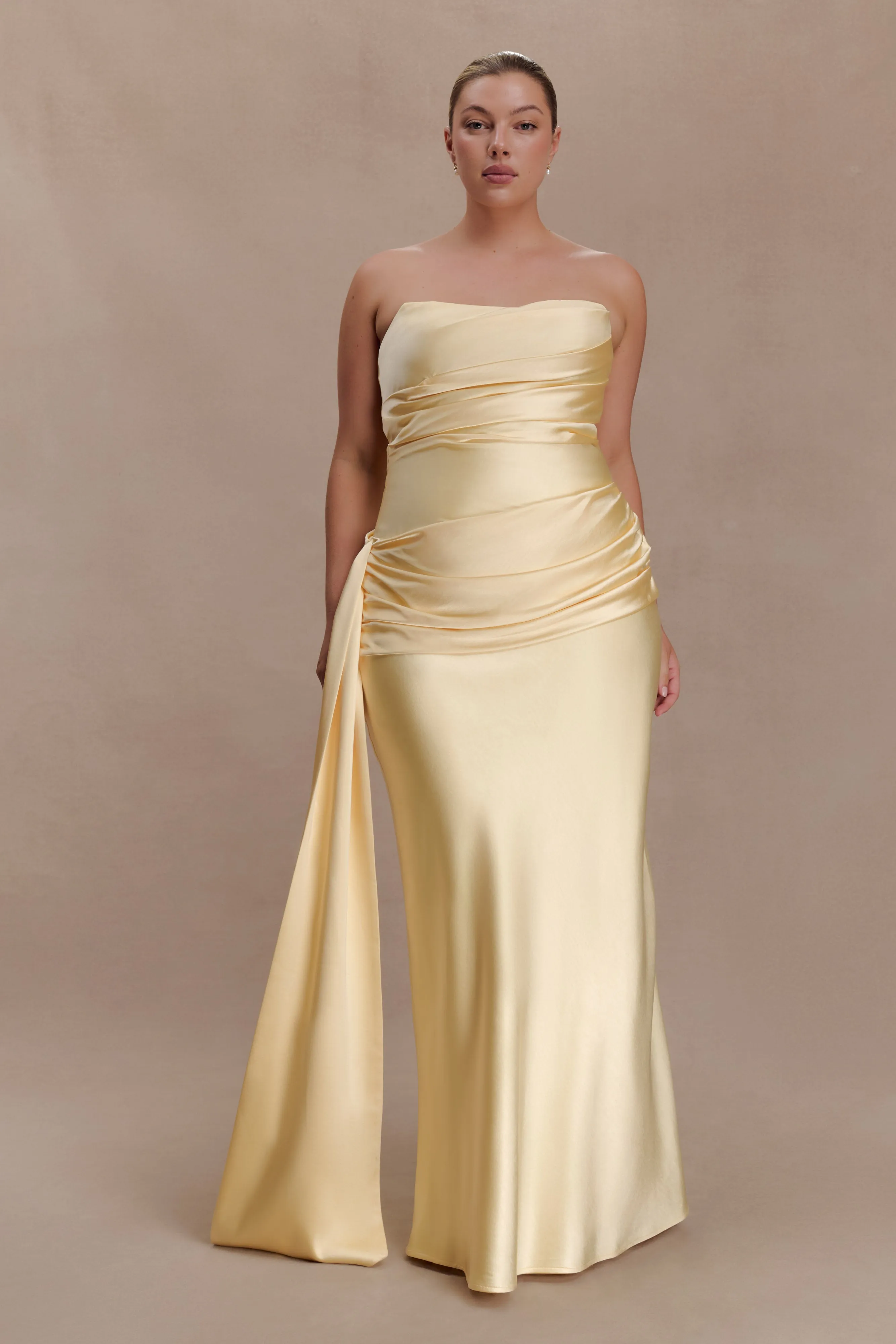 Sarah Strapless Maxi Dress With Waist Tie - Lemon sold by Meshki