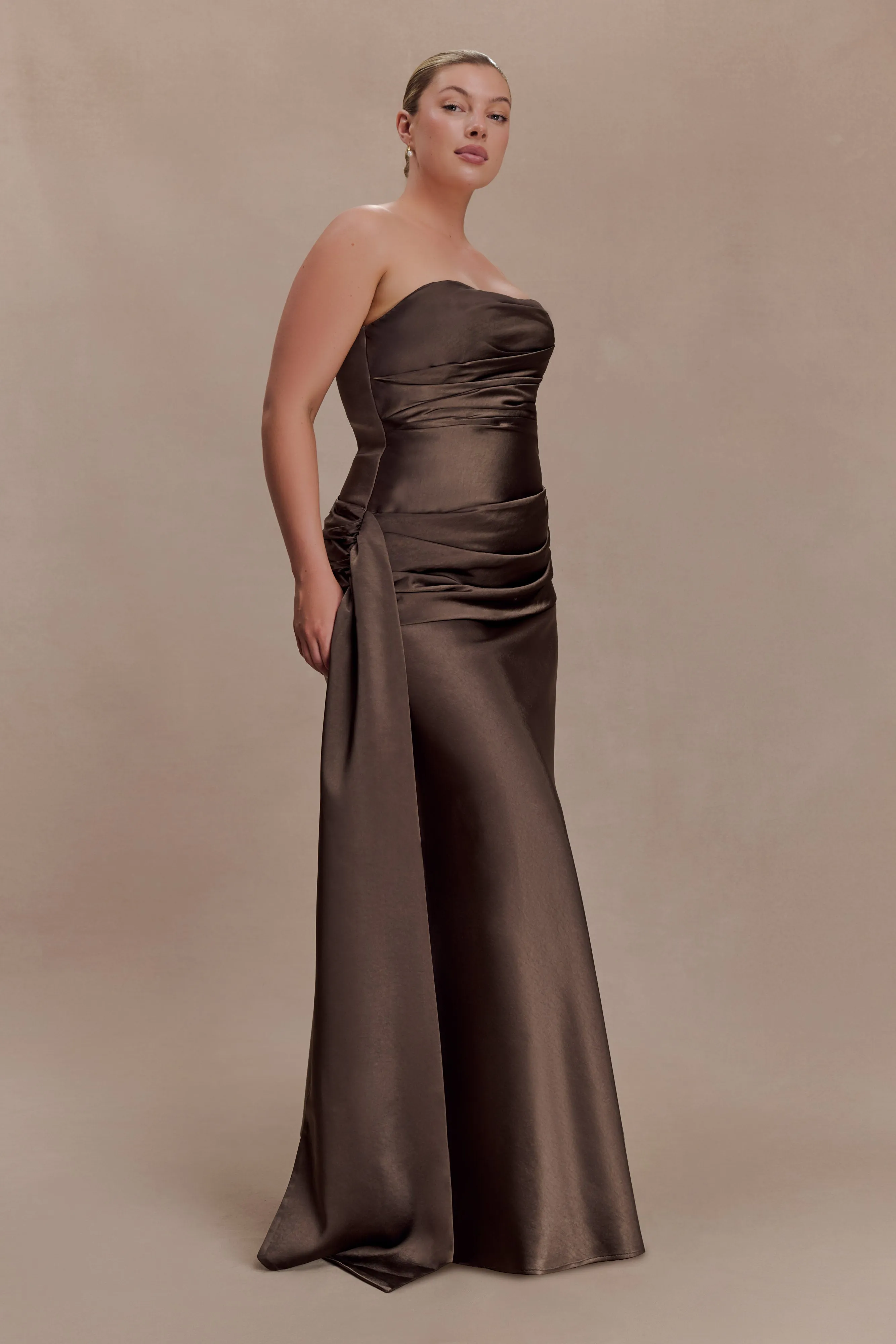 Sarah Strapless Maxi Dress With Waist Tie - Mocha sold by Meshki product image thumbnail 2
