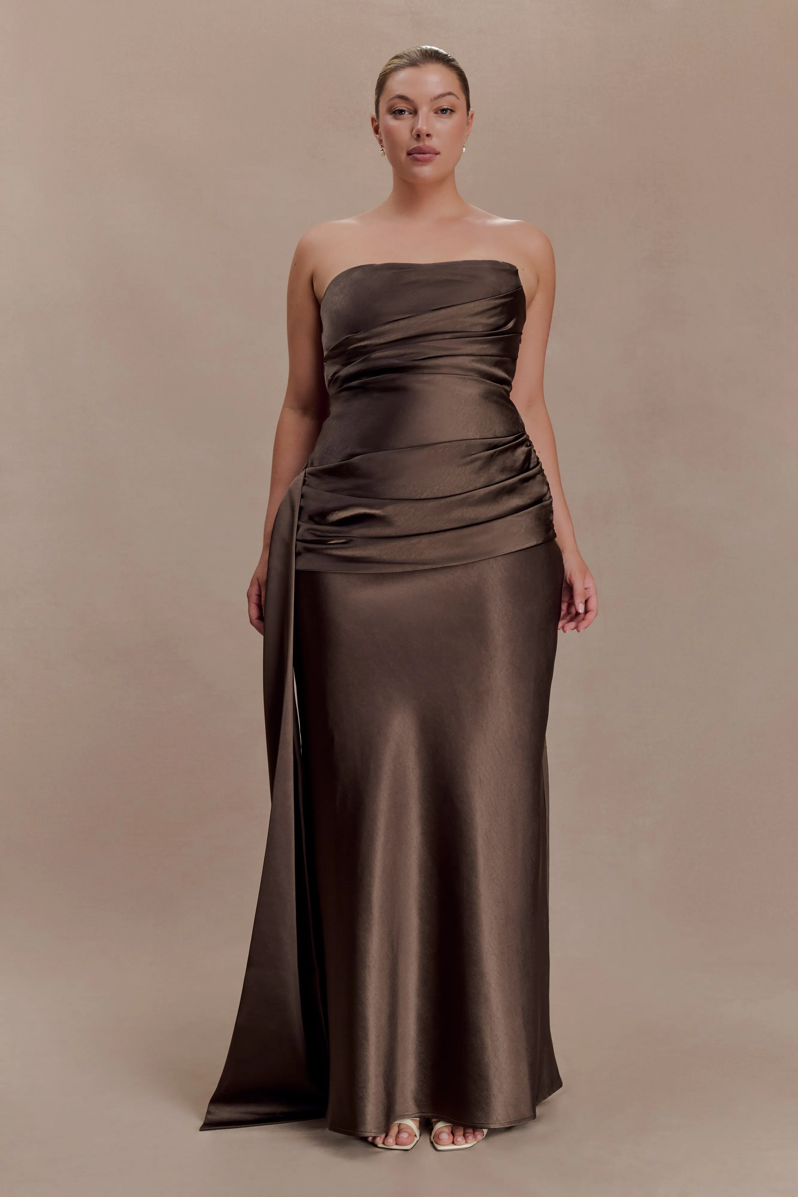 Sarah Strapless Maxi Dress With Waist Tie - Mocha sold by Meshki
