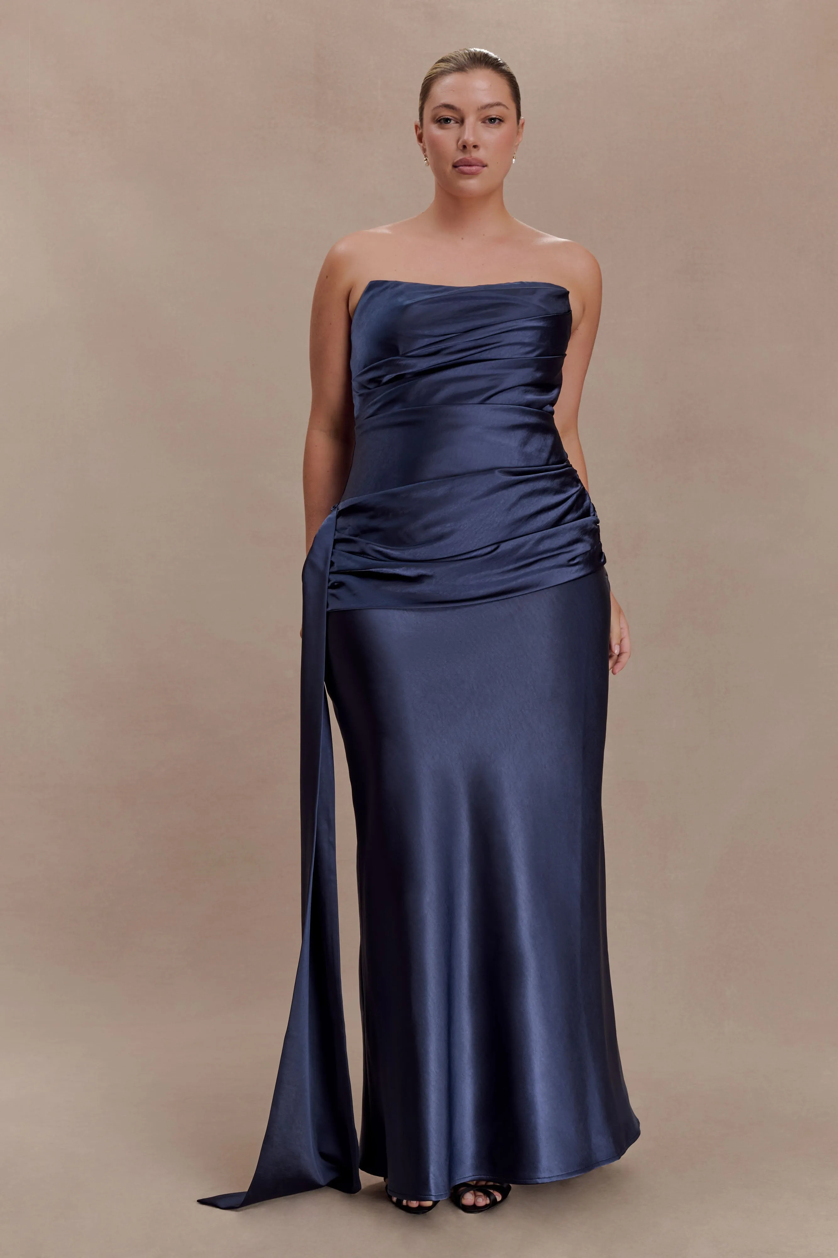 Sarah Strapless Maxi Dress With Waist Tie - Navy sold by Meshki product image thumbnail 4