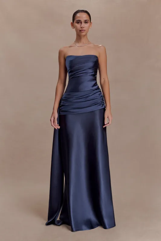 Sarah Strapless Maxi Dress With Waist Tie - Navy sold by Meshki
